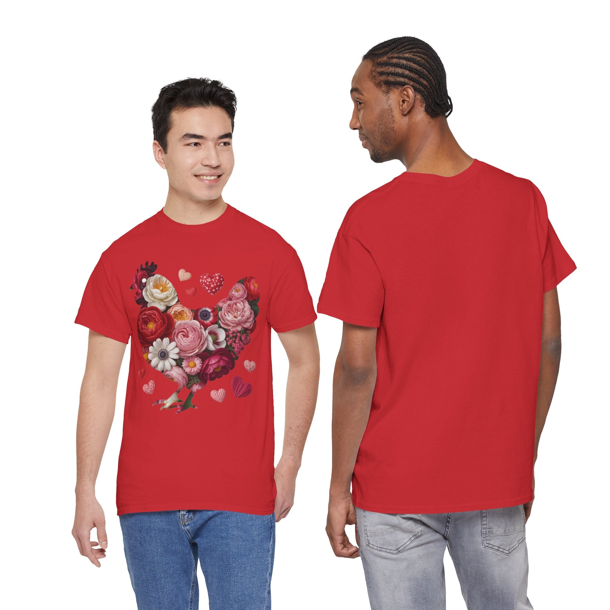 Floral Chicken Heart Tee — Red & Pink Flower Silhouette Unisex Cotton Tee