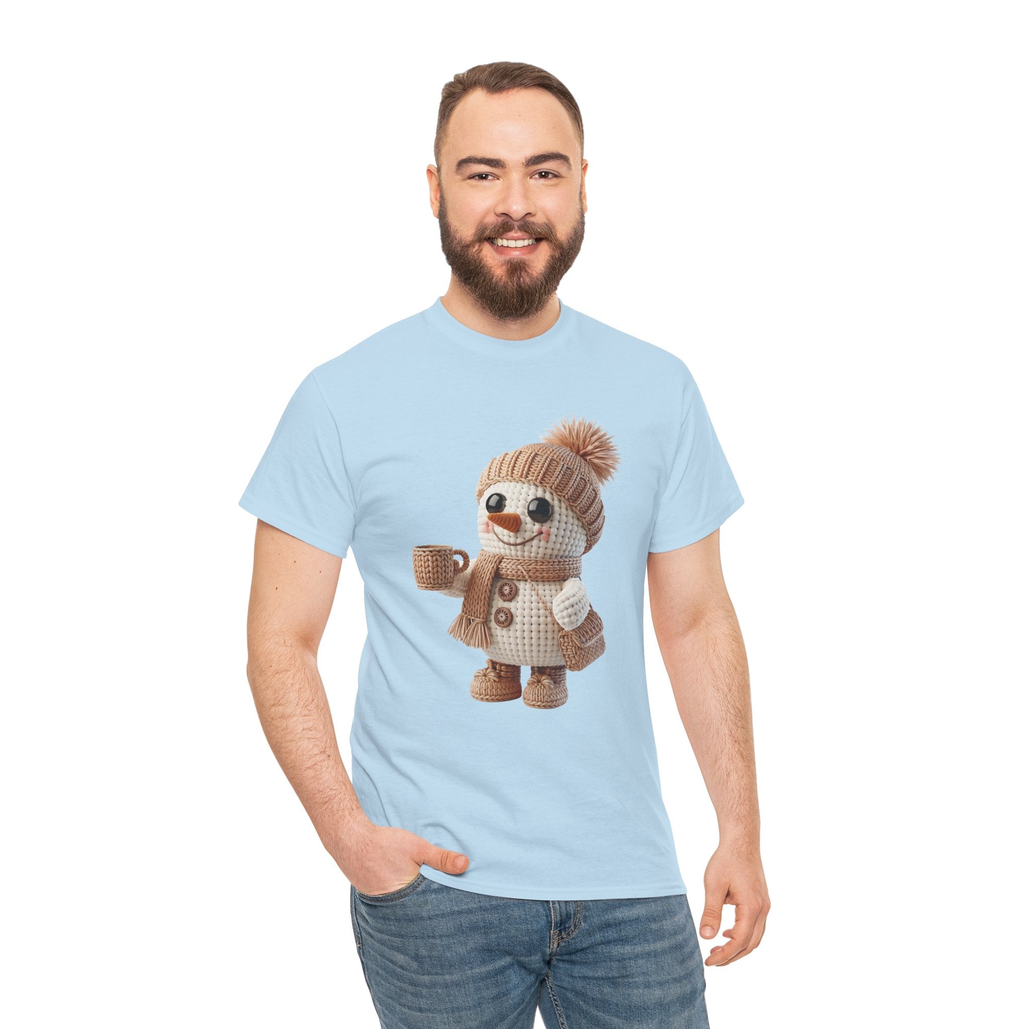 Cozy Snowman Tee — Smiling Snowman with Mug, Scarf & Beanie. Unisex Cotton Tee