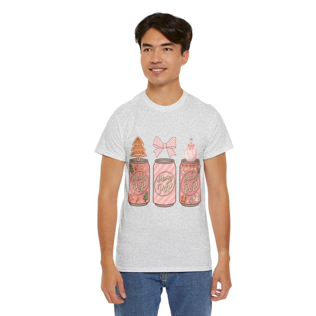 Merry Pop Christmas Soda Can Tee — Pastel Holiday Graphic Unisex Cotton T-Shirt