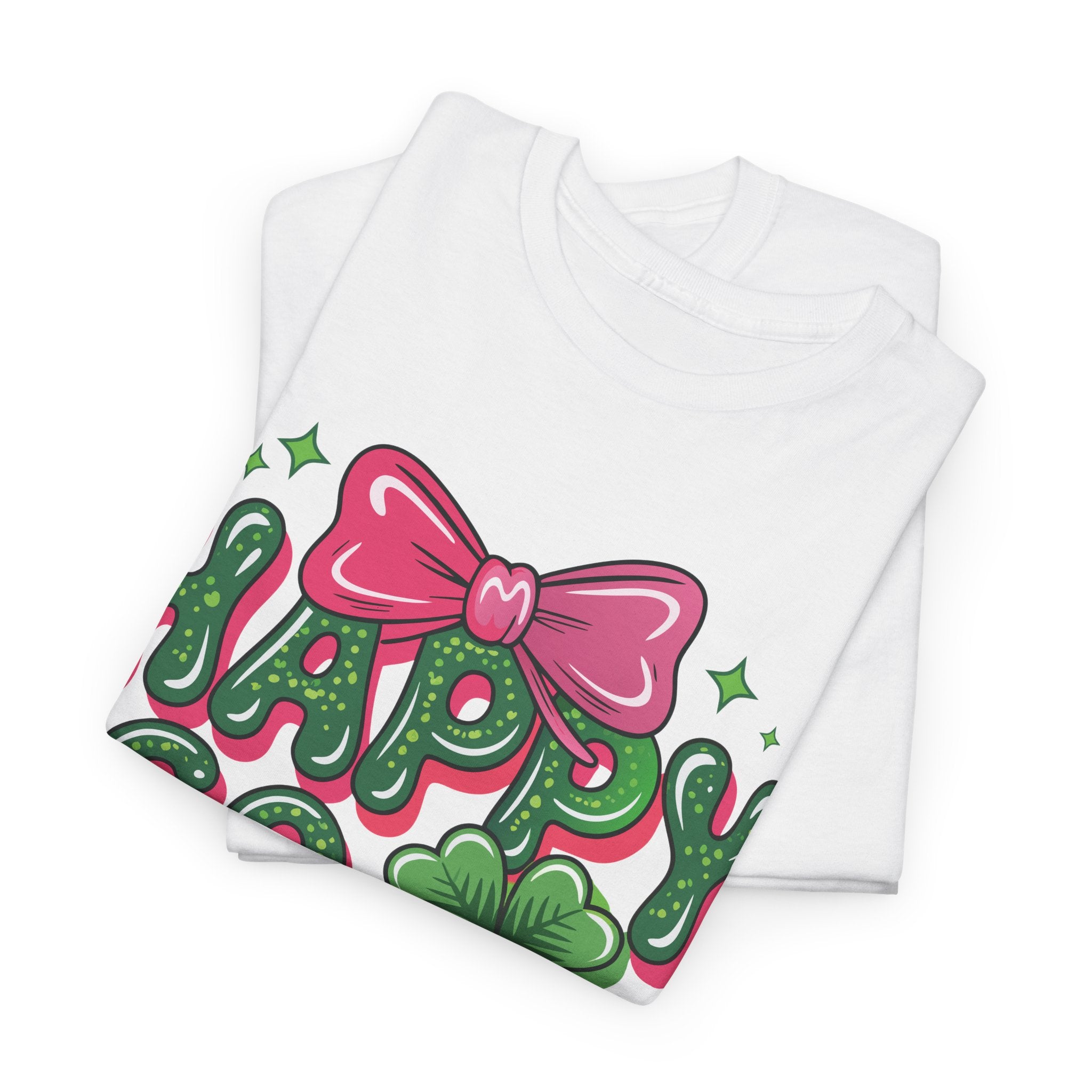 Happy Go Lucky Four-Leaf Clover Tee — Glossy Green Letters & Pink Bow Unisex Cotton Tee