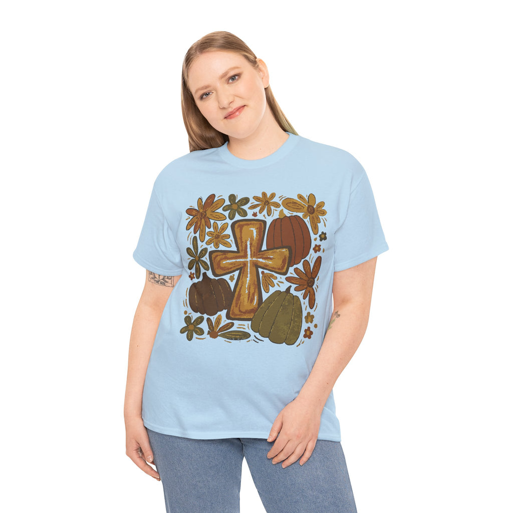 Autumn Cross Tee — Rustic Pumpkin & Fall Floral Christian Unisaex Cotton T-Shirt