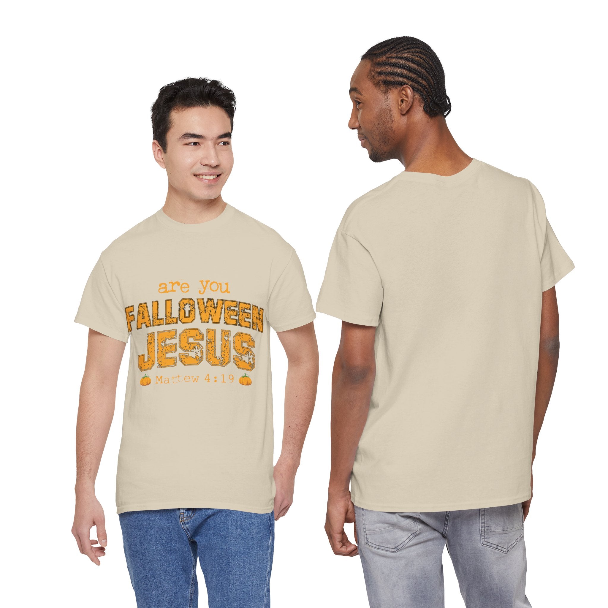 Christian Halloween T-Shirt — “Are You Falloween Jesus? Matthew 4:19” Distressed Pumpkin Design. Unisex Cotton Tee