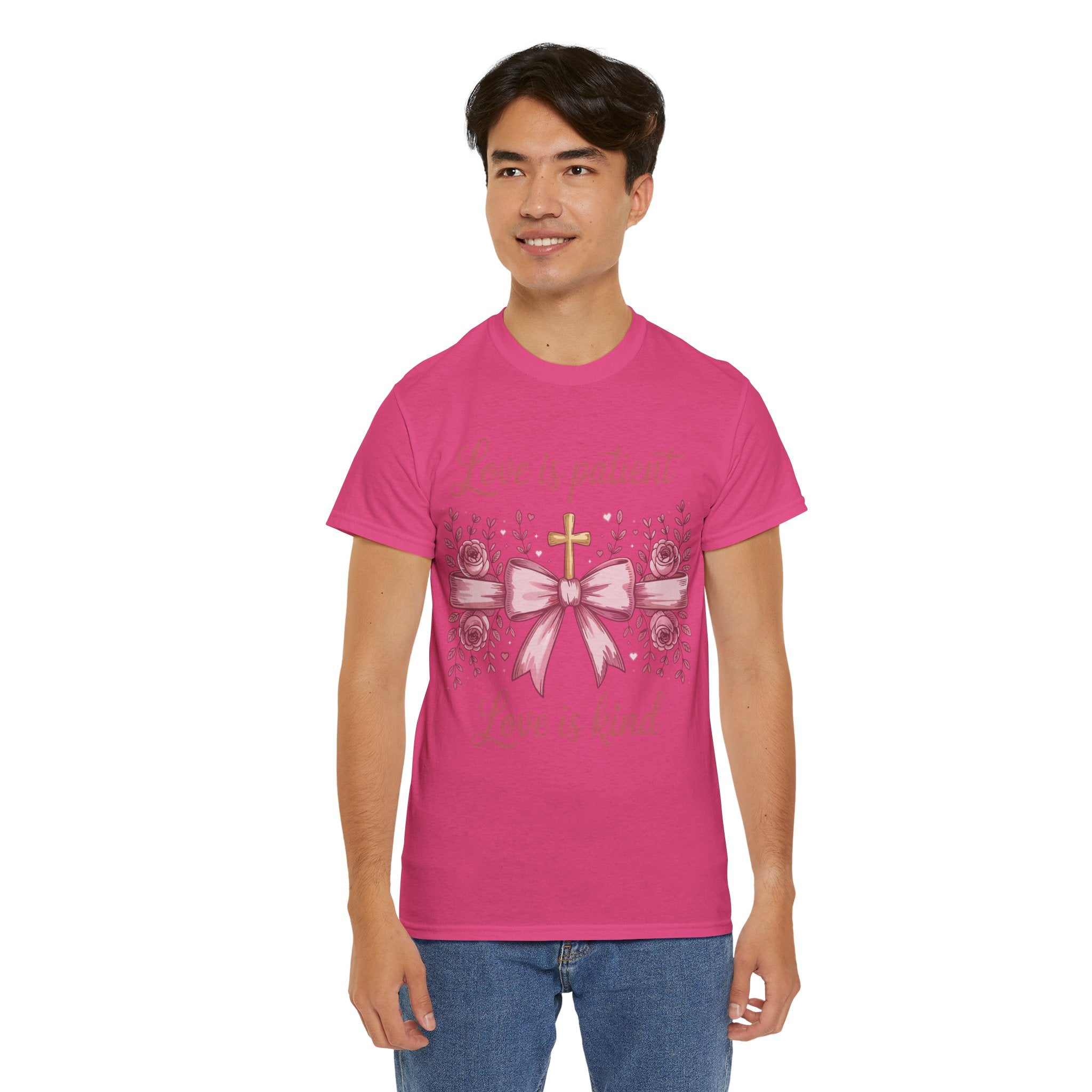 Christian Floral Tee — "Love is Patient, Love is Kind" Pink Rose Cross. Unisex Cotton Tee