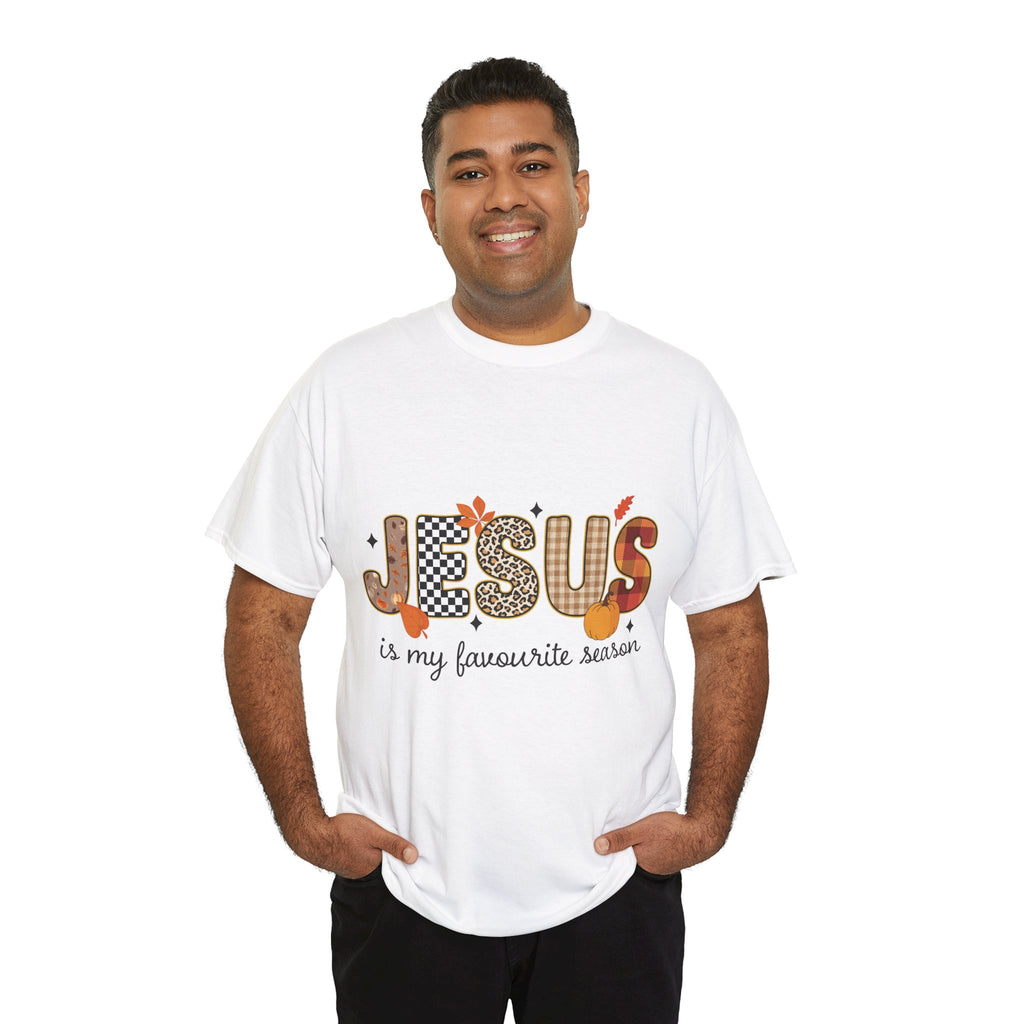 Jesus Is My Favorite Season Tee — Autumn Plaid & Leopard Lettering Unisex Cotton Tee
