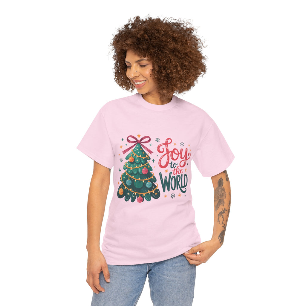 Joy to the World Christmas Tee — Festive Tree with Pink Bow..Unisex Cotton Tee