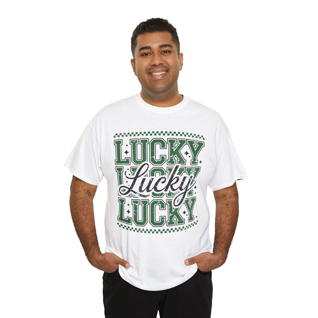 Lucky Varsity Tee — Layered Green ‘Lucky’ Graphic Unisex Cotton Tee