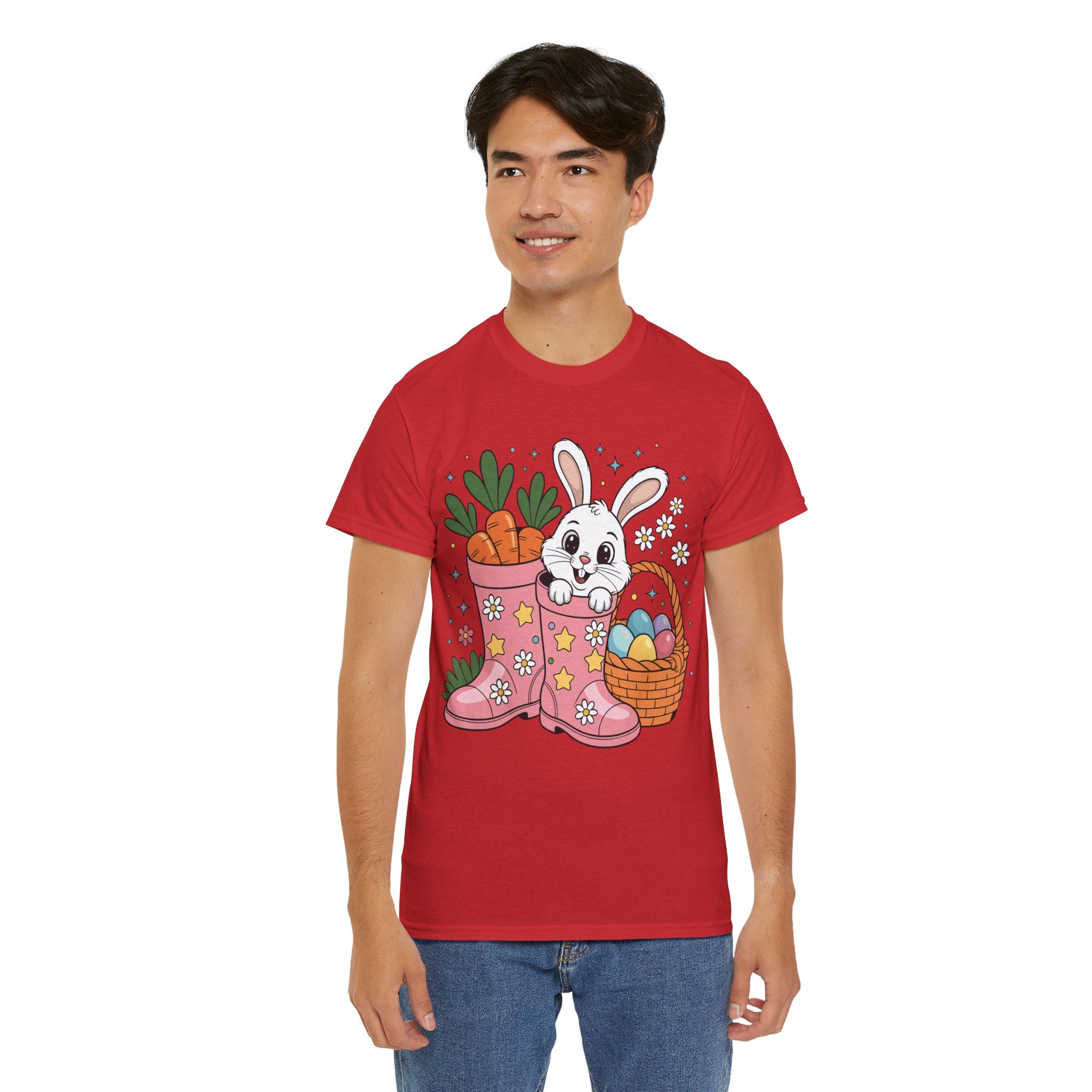 Easter Bunny in Pink Rain Boots T-Shirt — Cartoon Bunny, Carrots & Colorful Eggs Unisex Cotton Tee