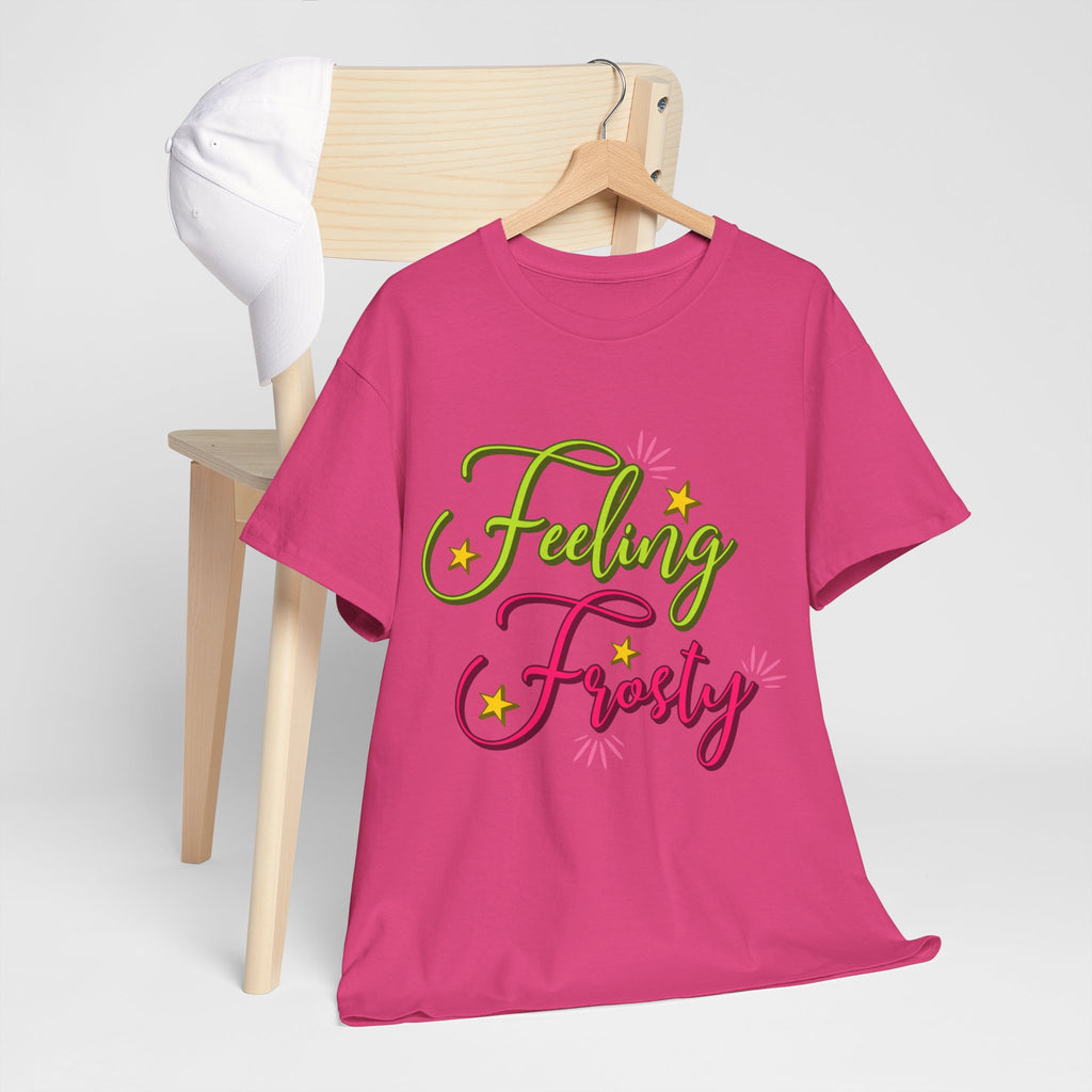 Feeling Frosty Holiday T-Shirt — Green & Pink Script Stars.Unisex Cotton Tee
