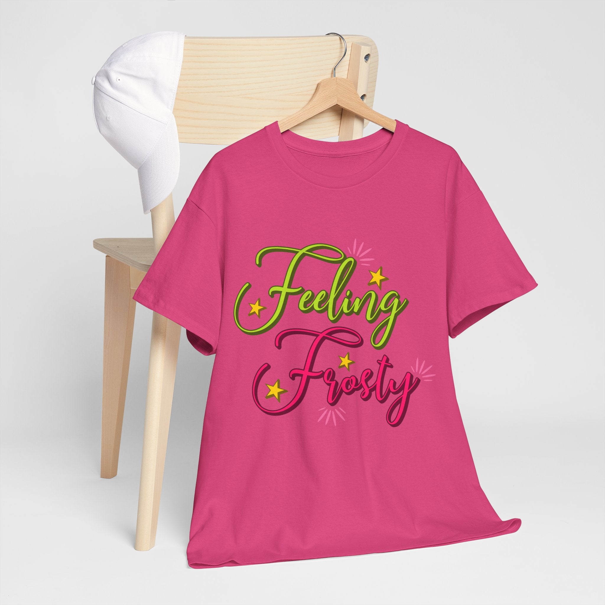 Feeling Frosty Holiday T-Shirt — Green & Pink Script Stars.Unisex Cotton Tee