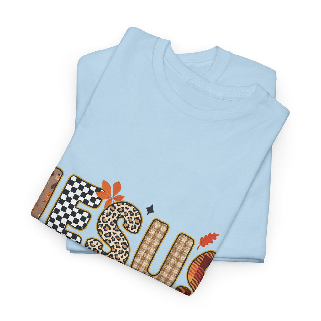 Jesus Is My Favorite Season Tee — Autumn Plaid & Leopard Lettering Unisex Cotton Tee