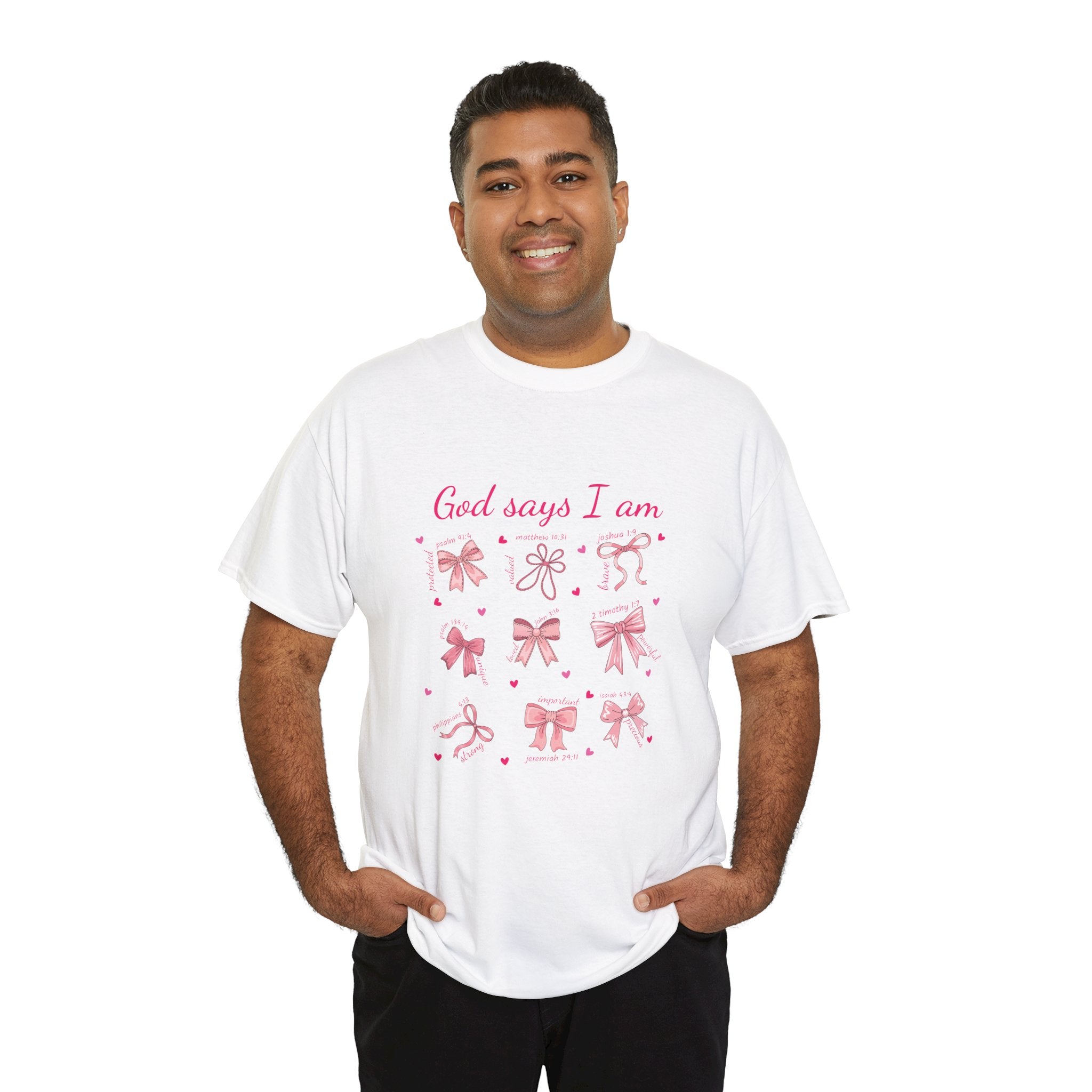 God Says I Am Christian Tee — Pink Affirmation T-Shirt with Bible Verse Bows.Unisex Cotton Tee