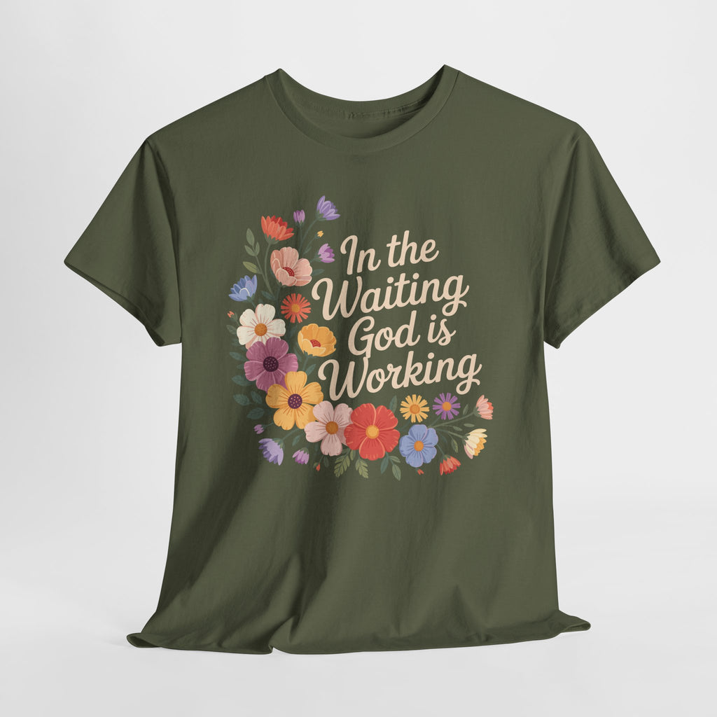 Pastel Floral “In the Waiting God Is Working” Unisex Cotton T-Shirt