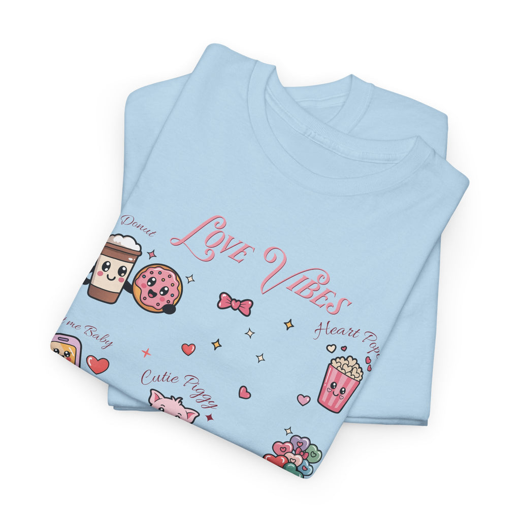 Love Vibes Kawaii Valentine T-Shirt — Cute Donut, Coffee & Piglet Design Unisex Cotton Tee
