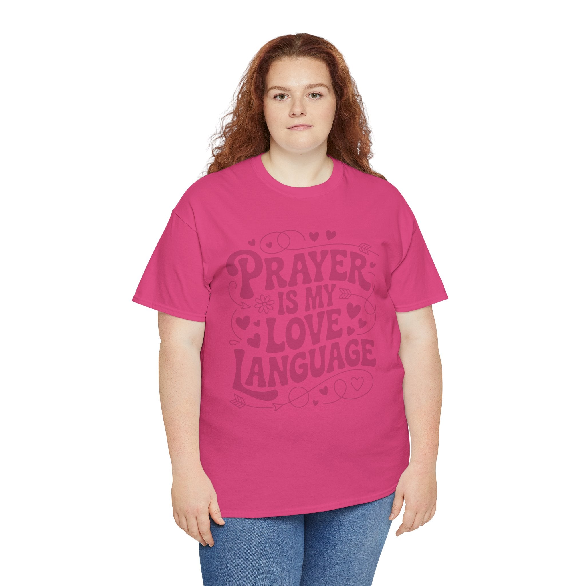 Prayer Is My Love Language Christian Tee — Pastel Pink Hearts Unisex Cotton Tee