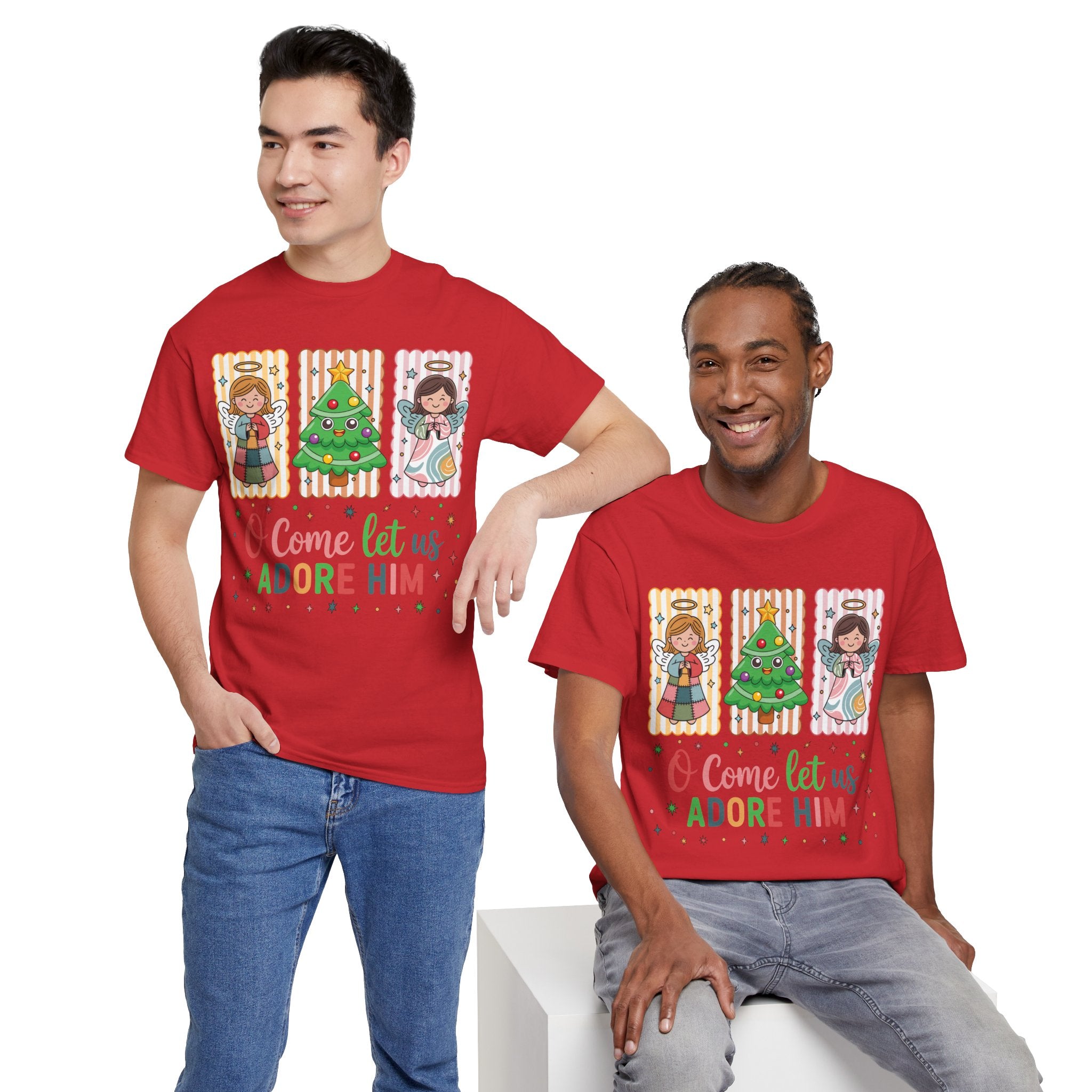 O Come Let Us Adore Him Christmas Tee — Smiling Angels & Happy Tree..Unisex Cotton Tee