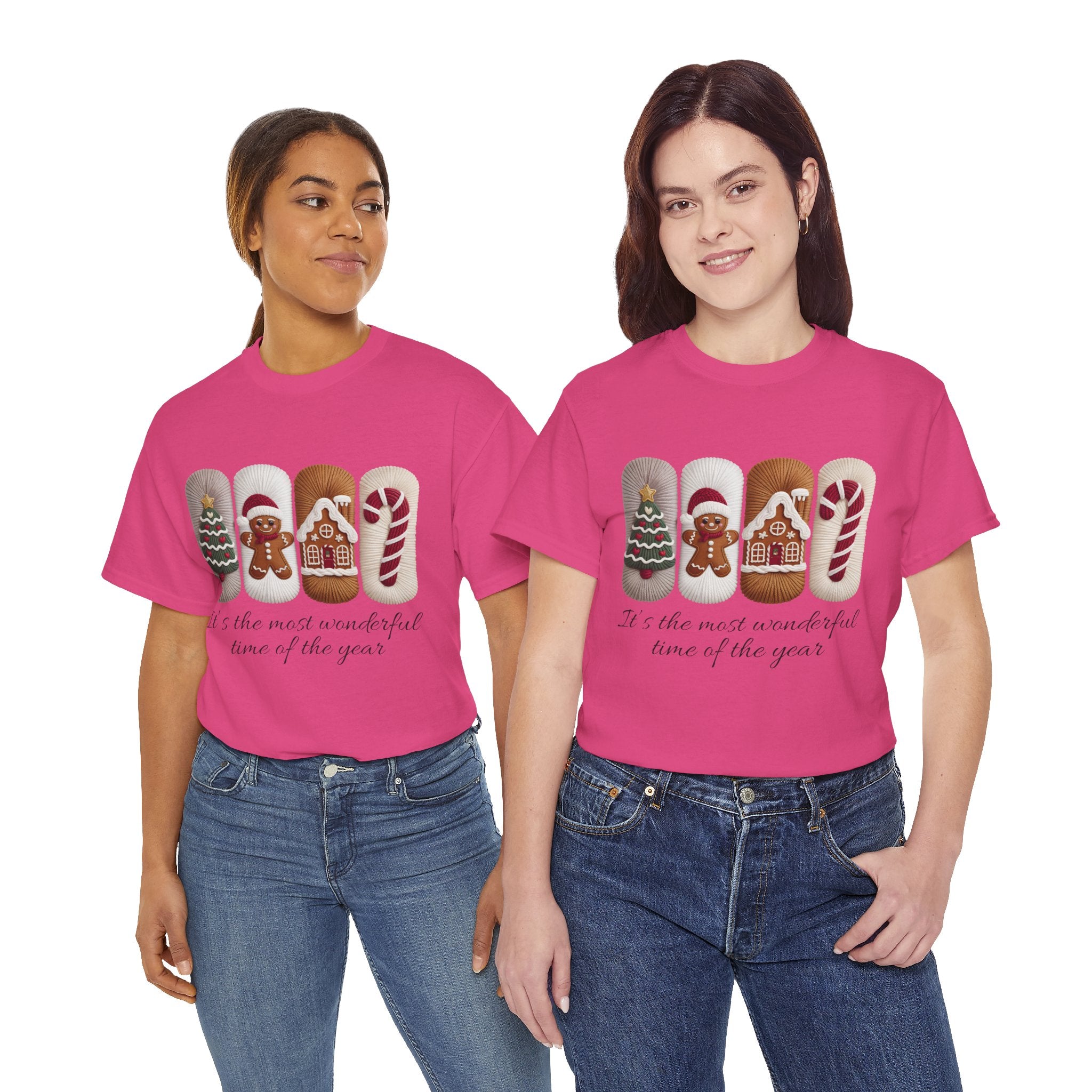 Christmas Faux-Yarn Tree Tee — Gingerbread House & Candy Cane Holiday Unisex Cotton T-Shirt