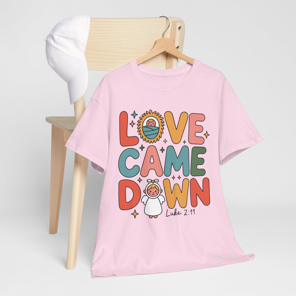 Love Came Down Christmas Tee — Baby Jesus Manger Angel (Luke 2:11)..Unisex Cotton Tee