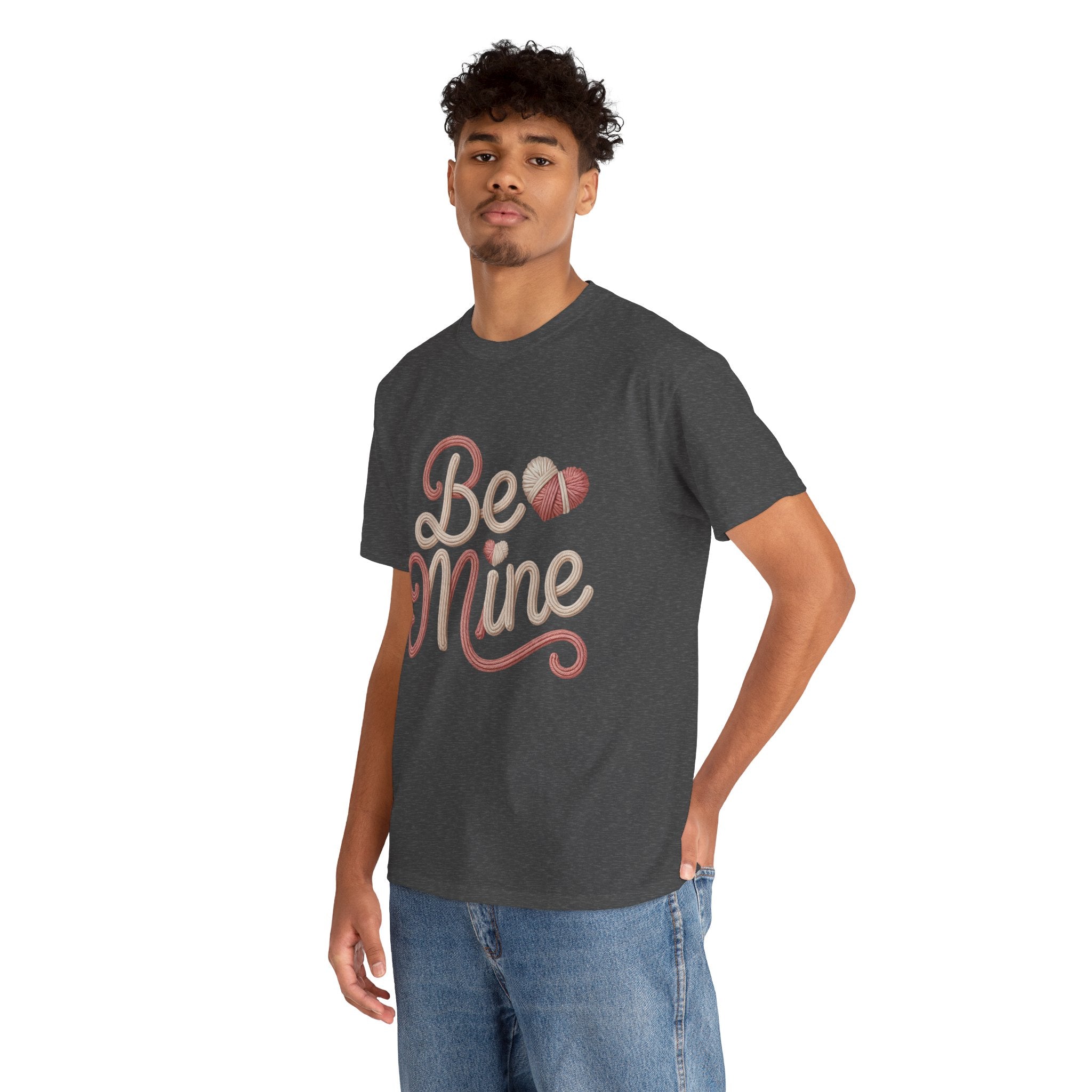 Be Mine Yarn Heart T-Shirt — Valentine’s Faux-Yarn Pink & Cream Unisex Cotton Tee