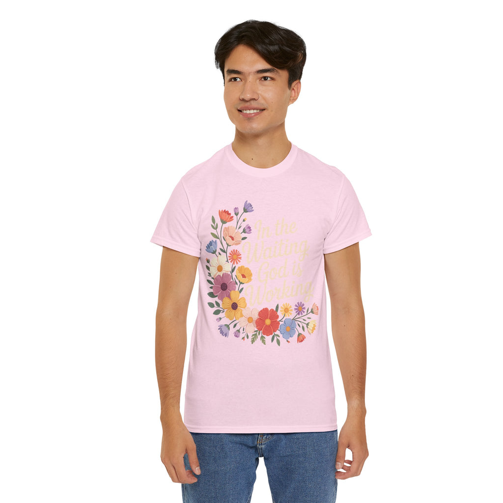 Pastel Floral “In the Waiting God Is Working” Unisex Cotton T-Shirt