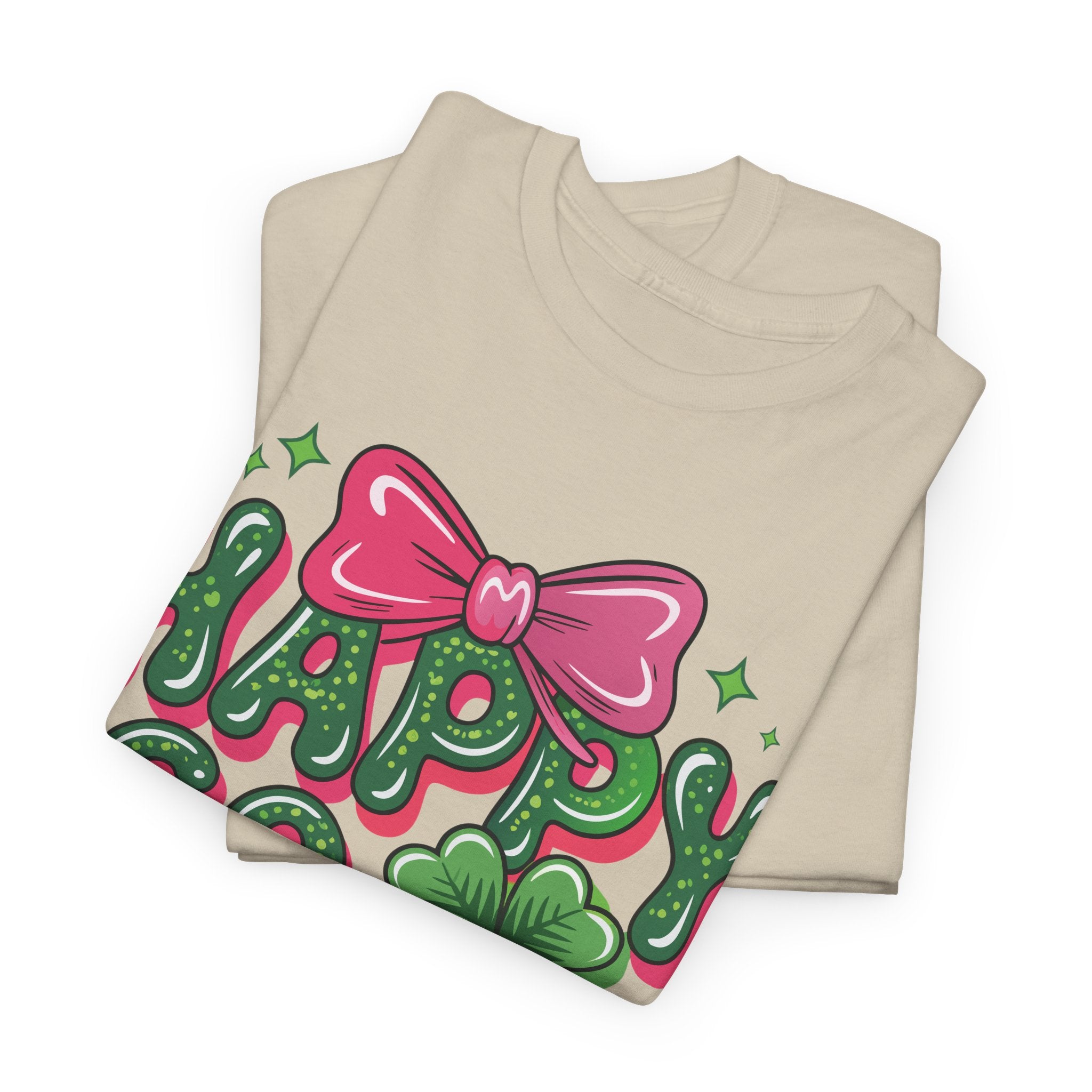 Happy Go Lucky Four-Leaf Clover Tee — Glossy Green Letters & Pink Bow Unisex Cotton Tee