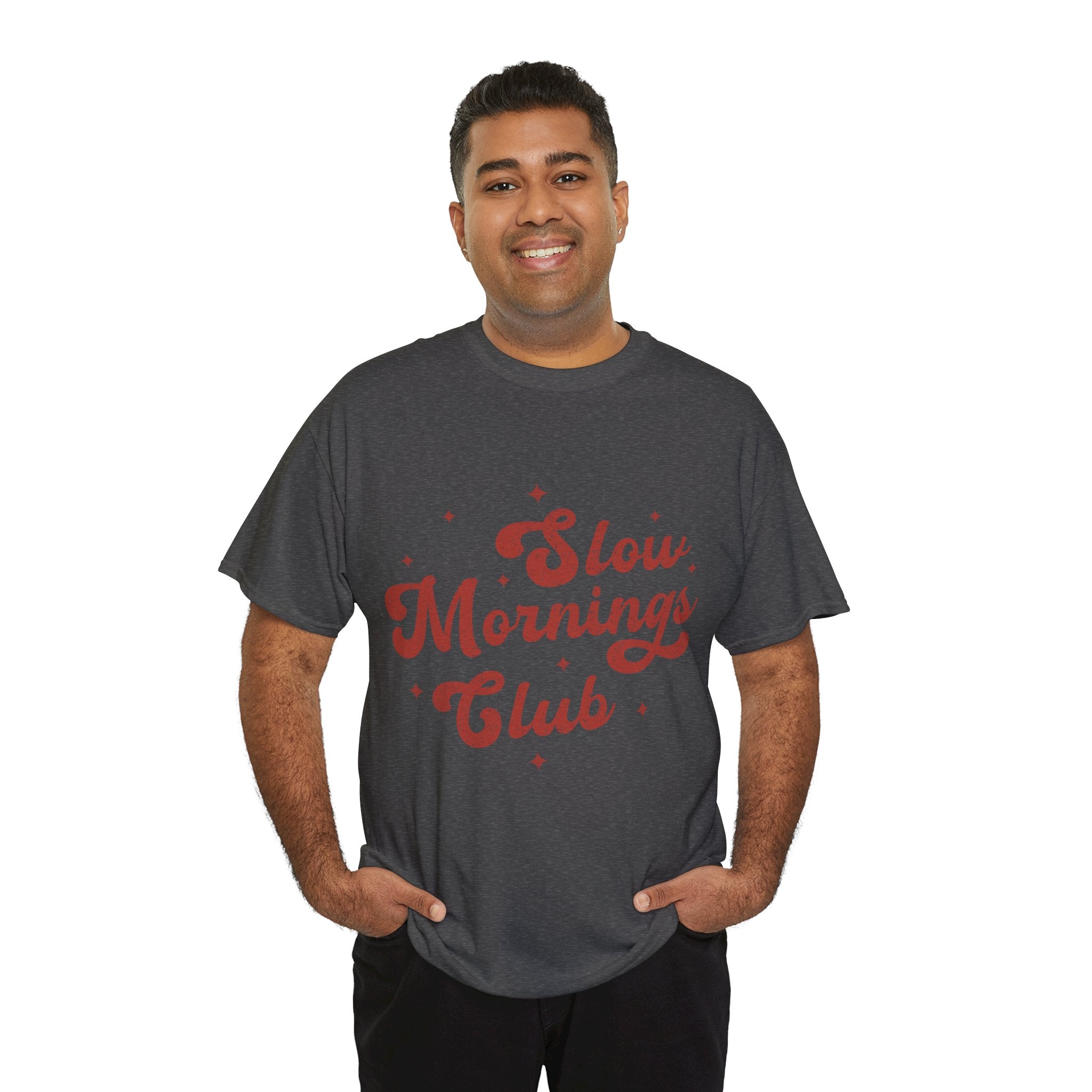 Slow Mornings Club T-Shirt — Retro Red Sparkle Unisex Cotton Tee