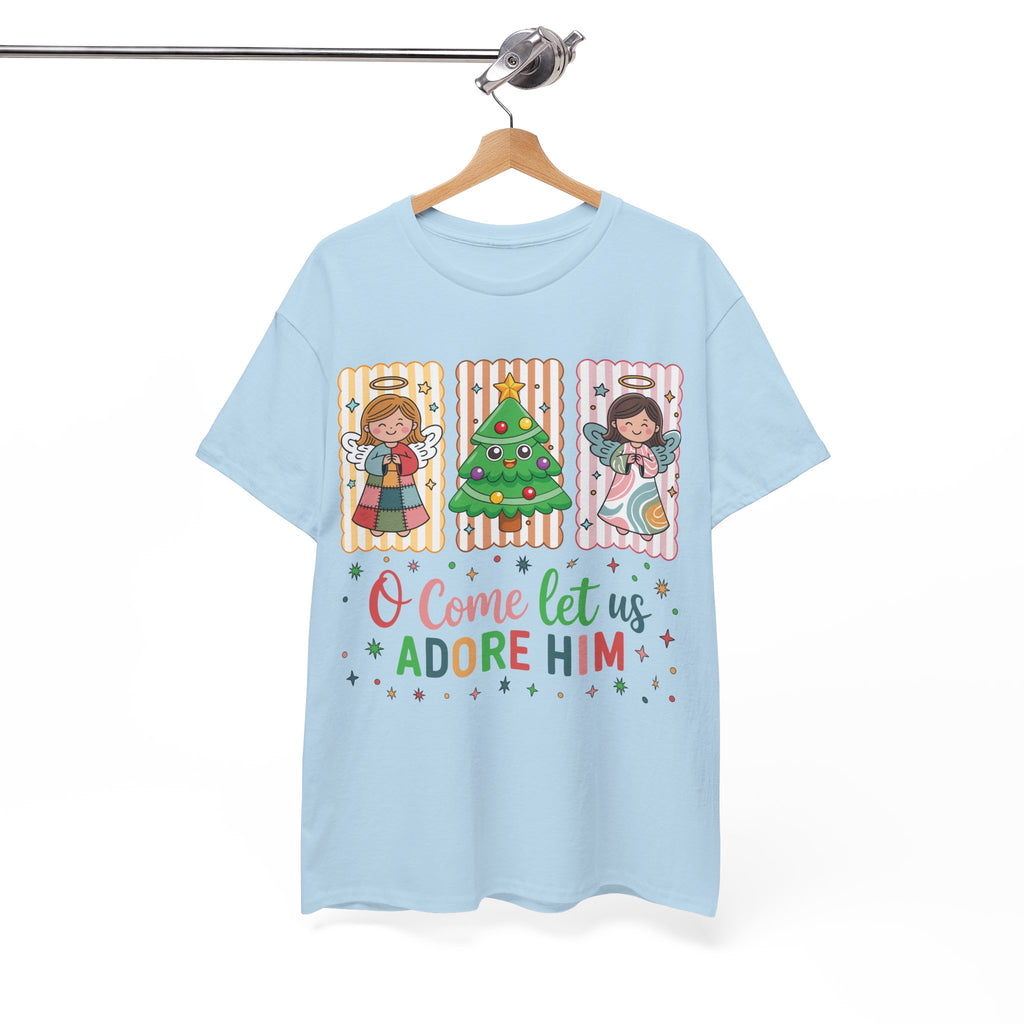 O Come Let Us Adore Him Christmas Tee — Smiling Angels & Happy Tree..Unisex Cotton Tee