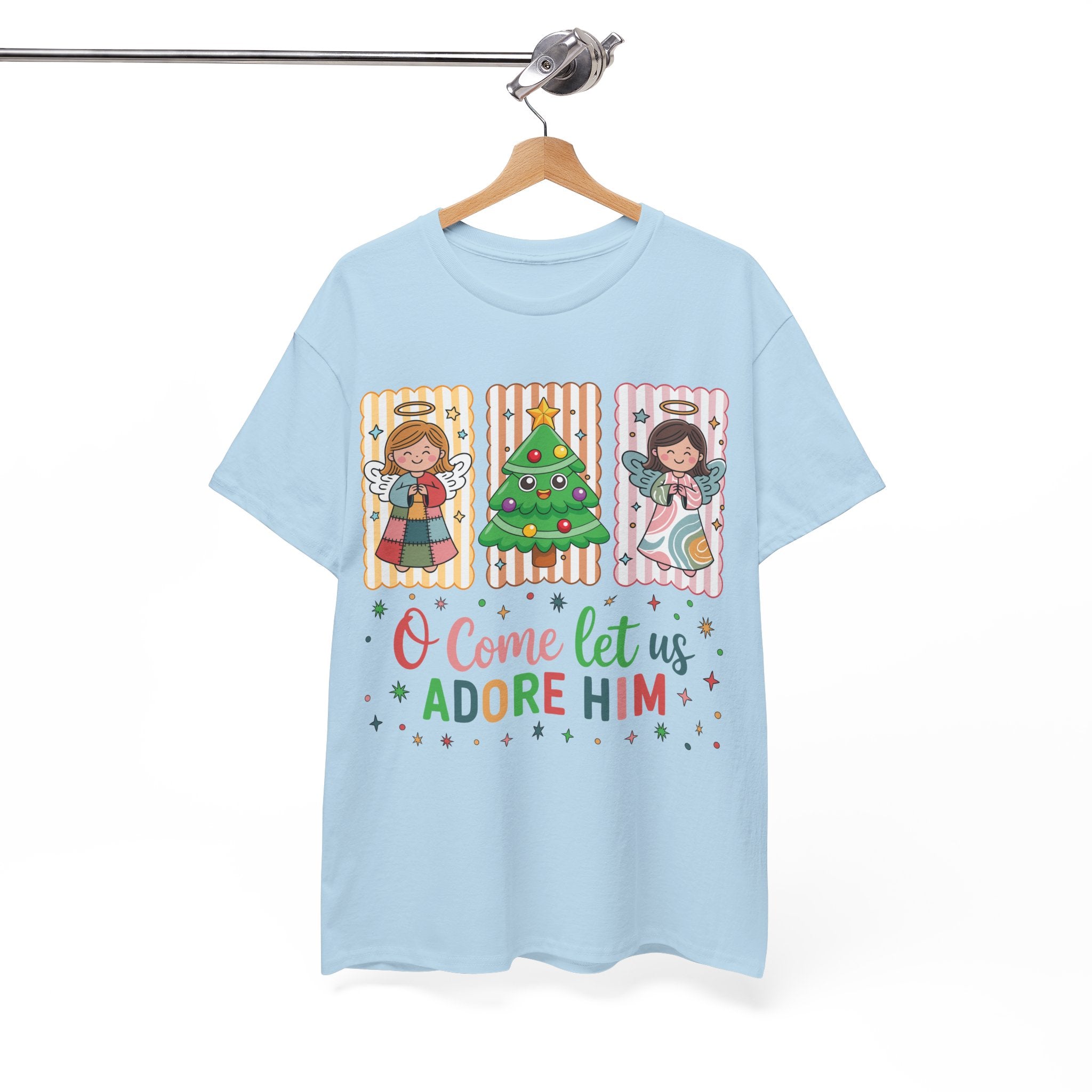 O Come Let Us Adore Him Christmas Tee — Smiling Angels & Happy Tree..Unisex Cotton Tee
