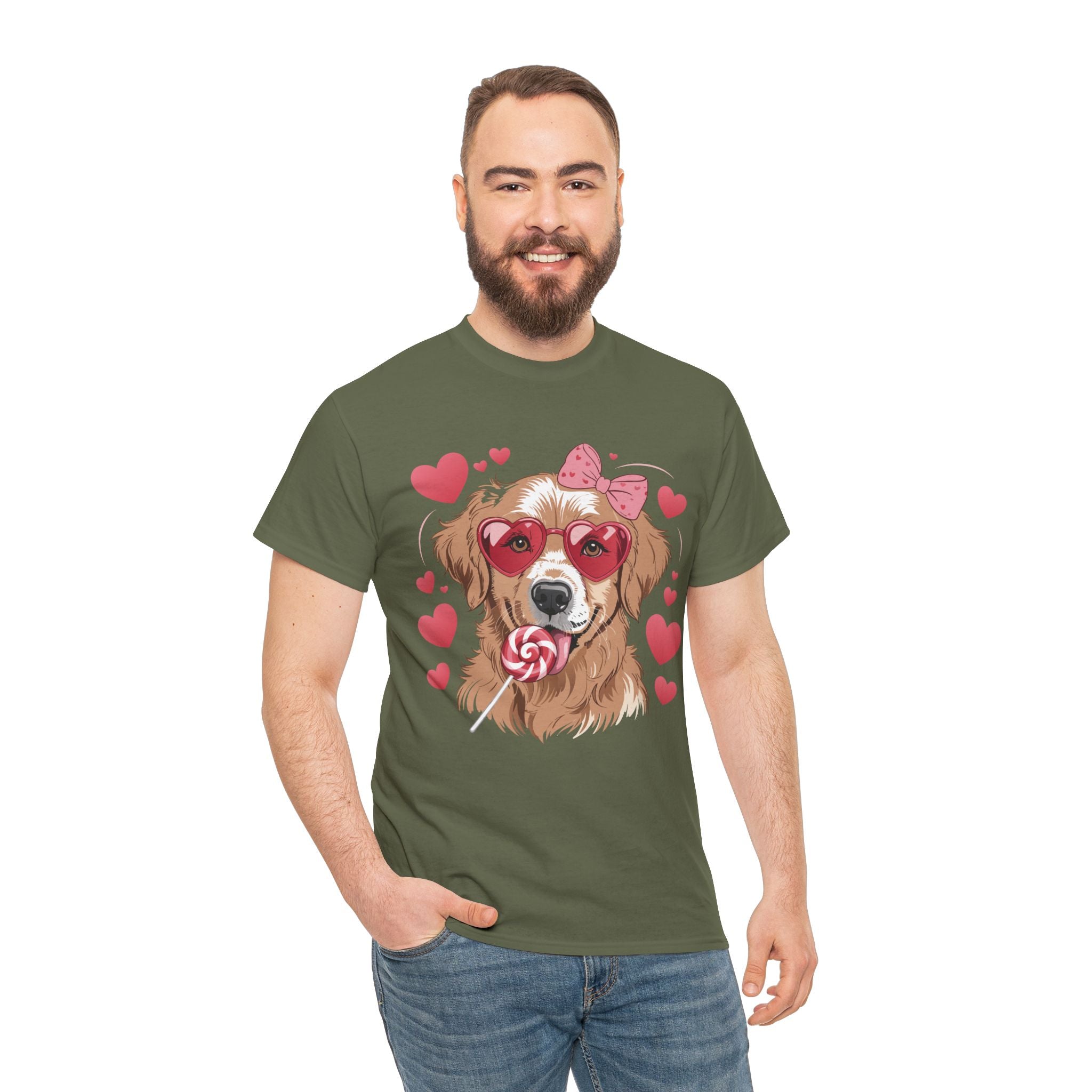 Valentine Dog T-Shirt — Cute Pup with Heart Glasses, Pink Bow & Lollipop..Unisex Cotton Tee