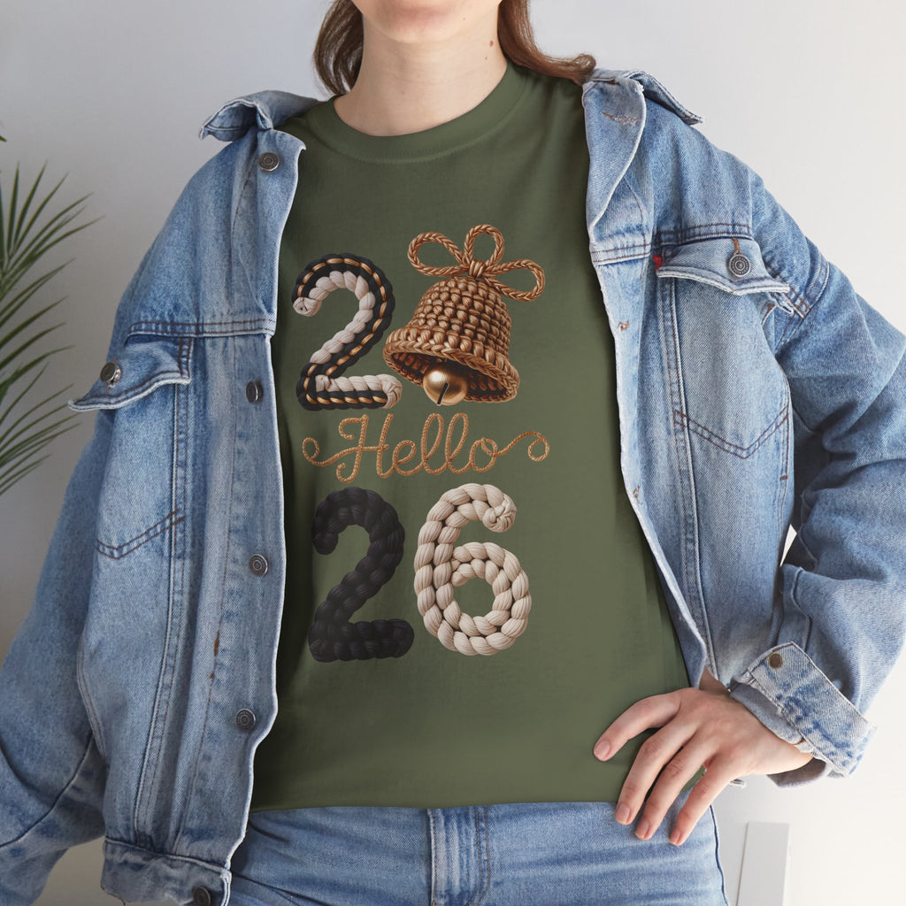 Hello 2026 Tee — Cozy Faux Yarn Braided Numbers with Woven Golden Bell..Unisex Cotton Tee