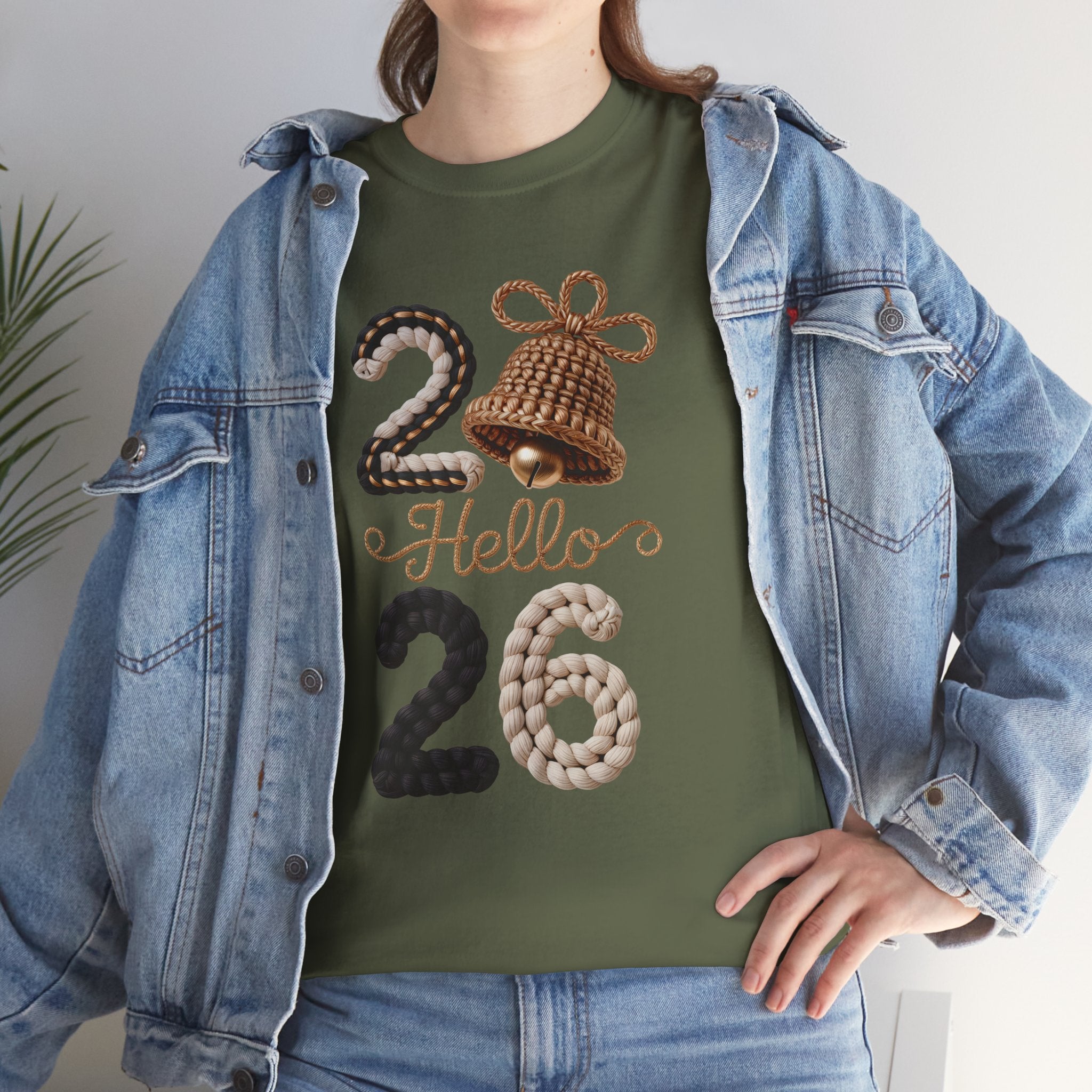 Hello 2026 Tee — Cozy Faux Yarn Braided Numbers with Woven Golden Bell..Unisex Cotton Tee