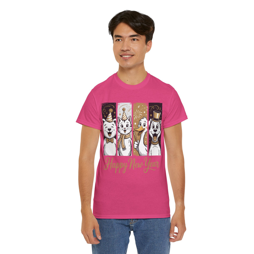 Happy New Year Party Animals T-Shirt — Cute Smiling Animals in Party Hats & Gold Fireworks..Unisex Cotton Tee