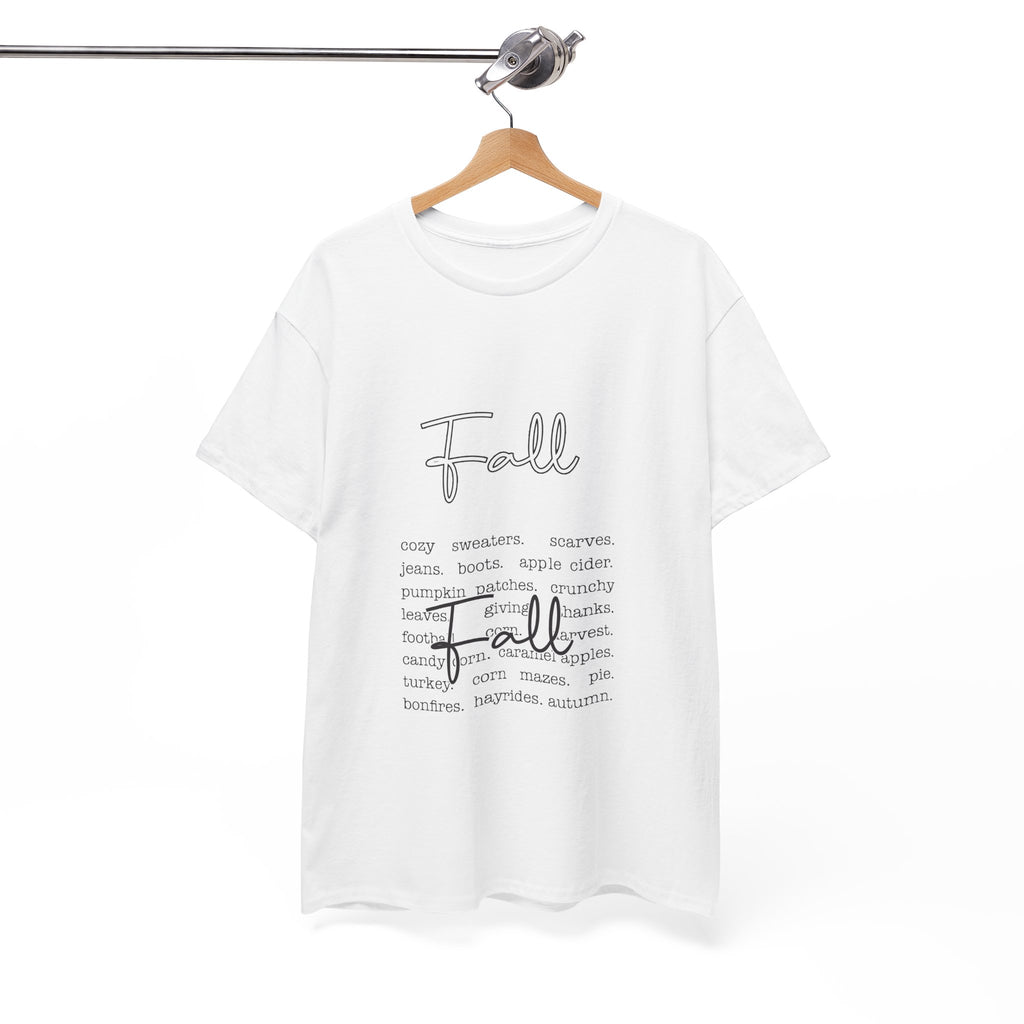 Fall Cursive Typography T-Shirt — Sweaters, Cider & Pumpkins. Unisex Cotton Tee