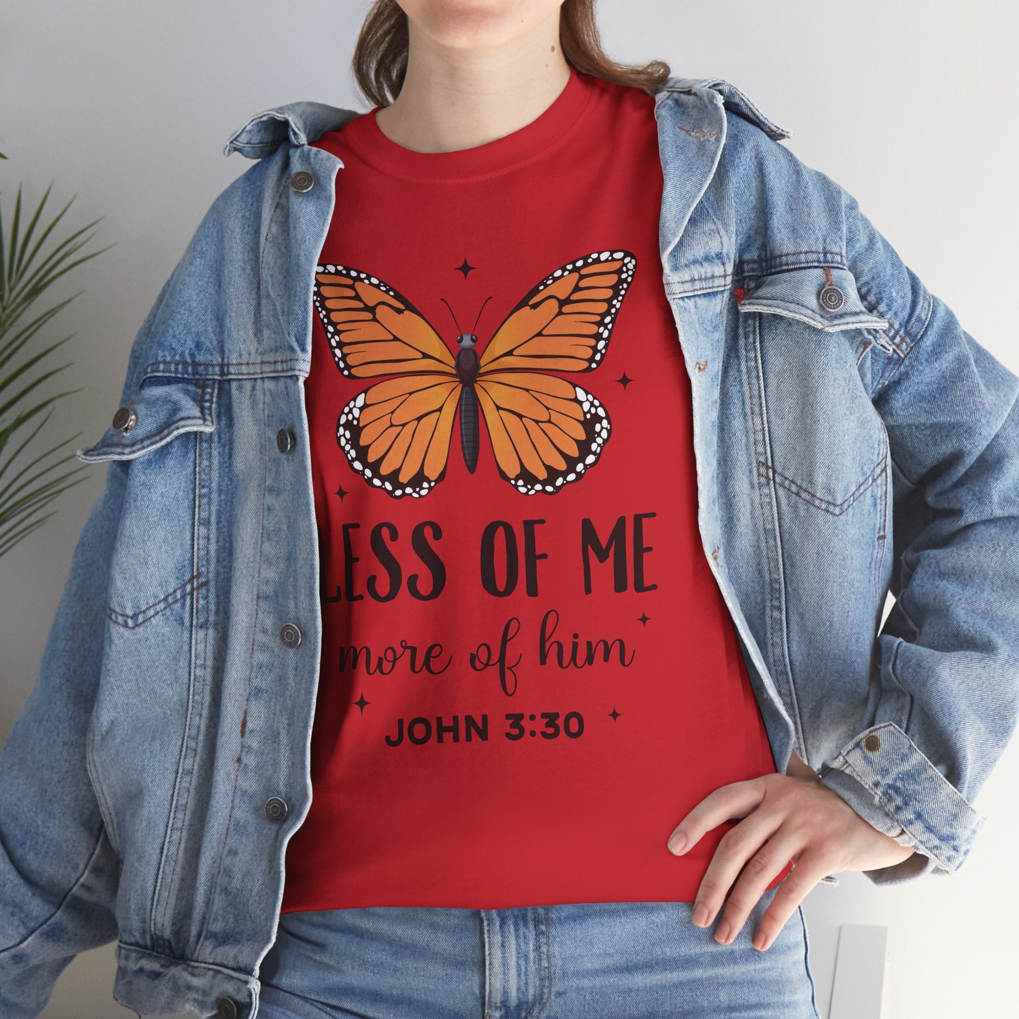 Monarch Butterfly Tee — "Less of Me, More of Him" Christian Unisex cotton T‑Shirt