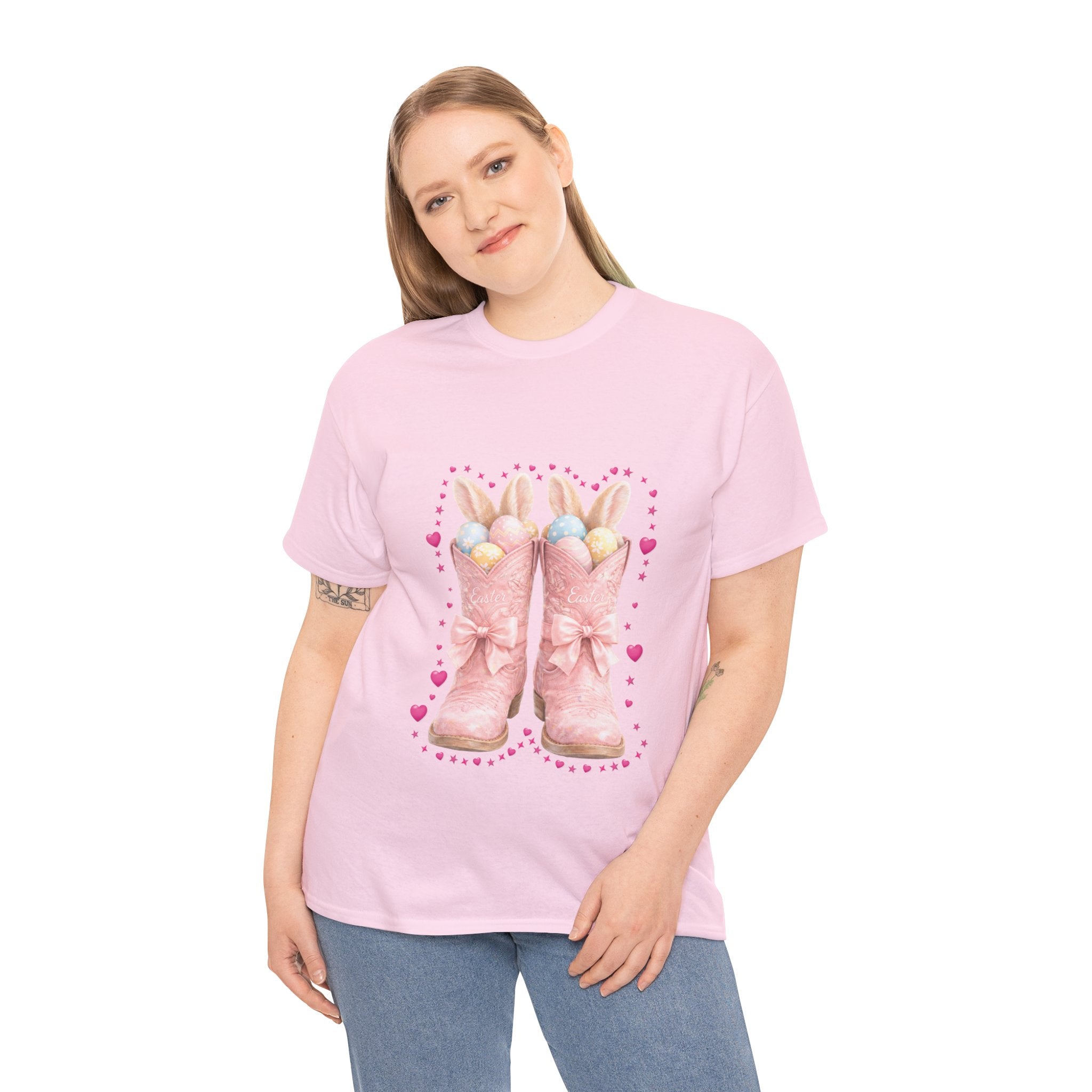 Easter Pink Western Boots Tee — Pastel Bunny Eggs & Bows Unisex Cotton Tee