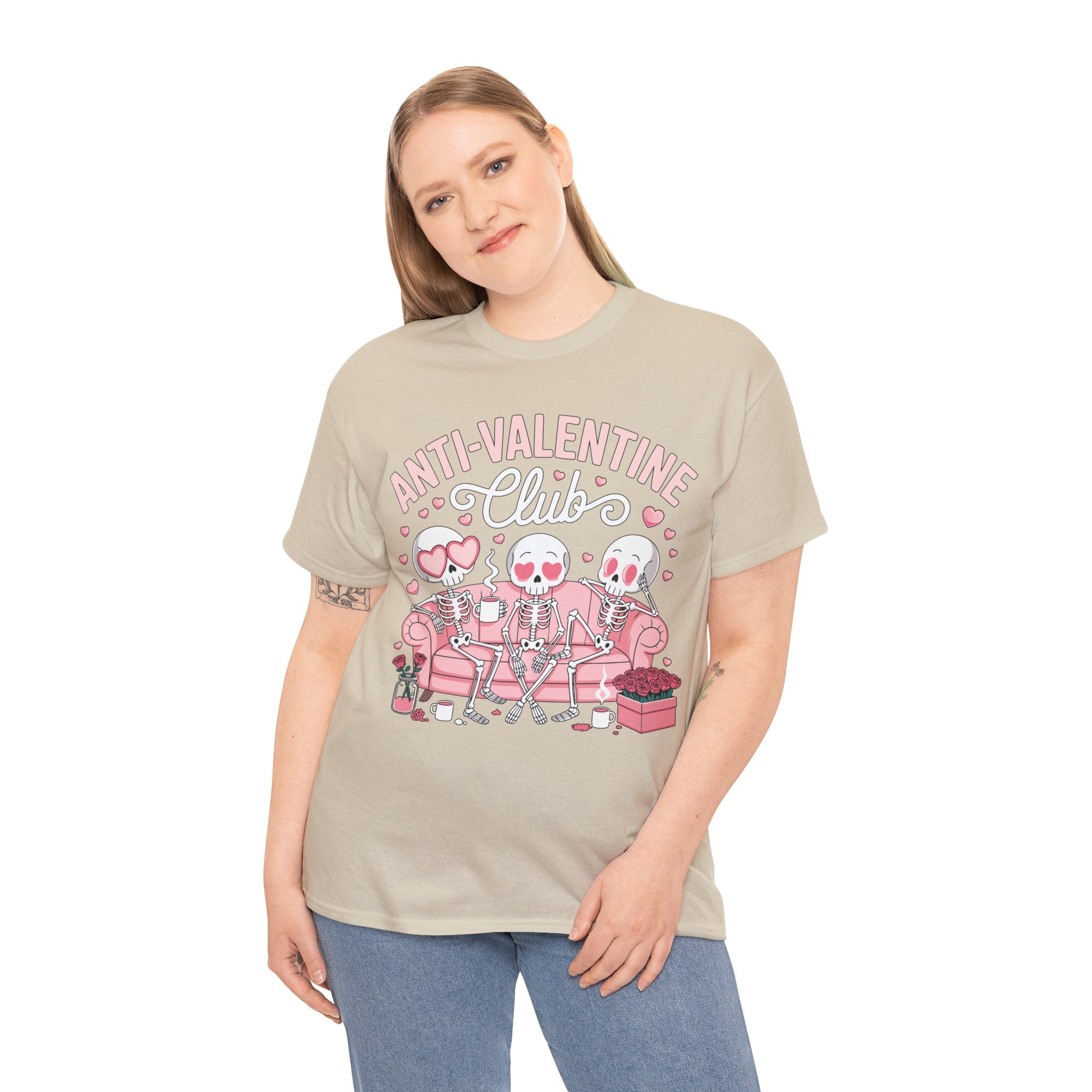 Anti-Valentine Club Skeleton Tee — Anti-Romance Pink Couch Graphic Unisex Cotton T-Shirt