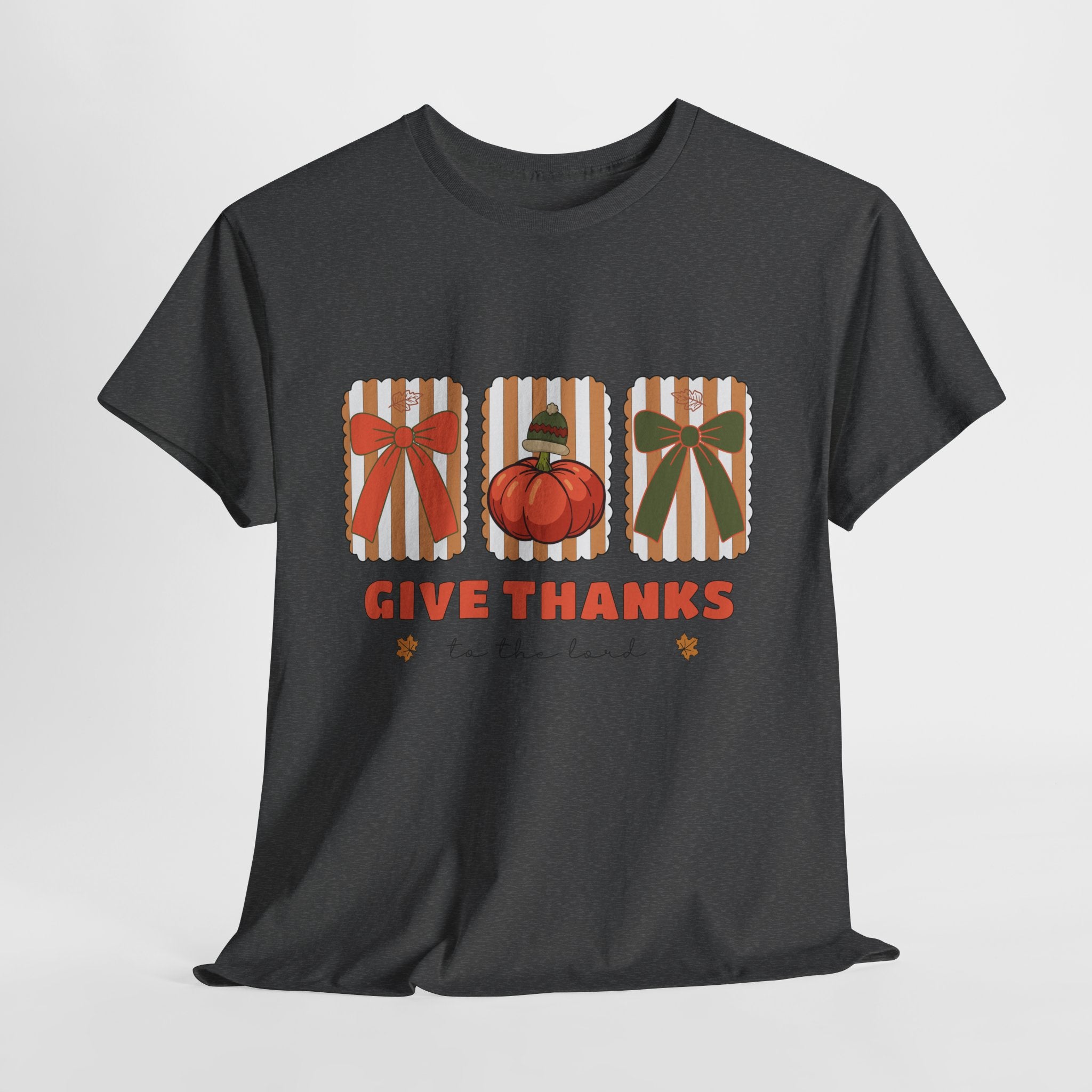 Give Thanks Thanksgiving T-Shirt — Pumpkin with Hat & Bows Unisex Cotton Tee