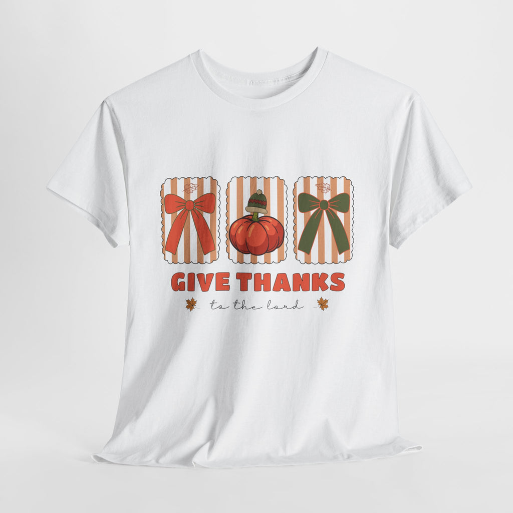 Give Thanks Thanksgiving T-Shirt — Pumpkin with Hat & Bows Unisex Cotton Tee