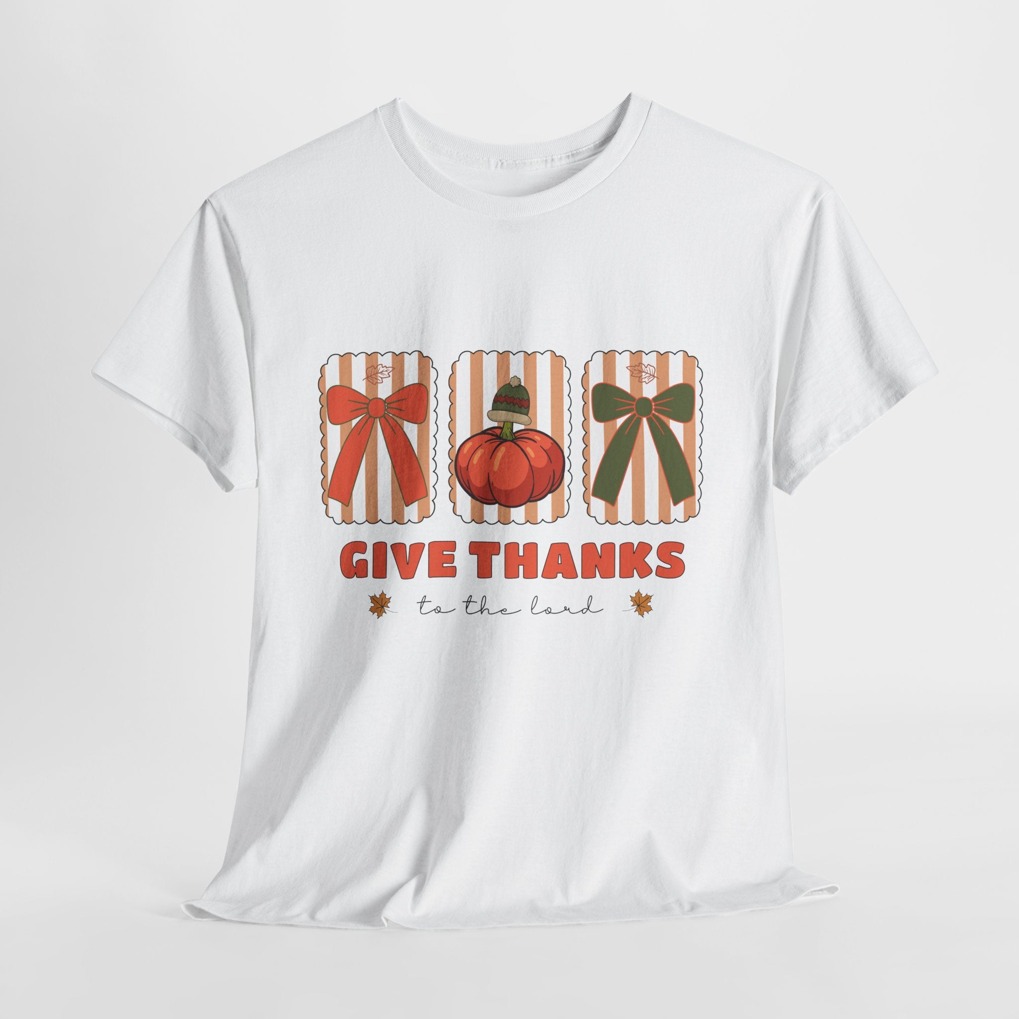 Give Thanks Thanksgiving T-Shirt — Pumpkin with Hat & Bows Unisex Cotton Tee