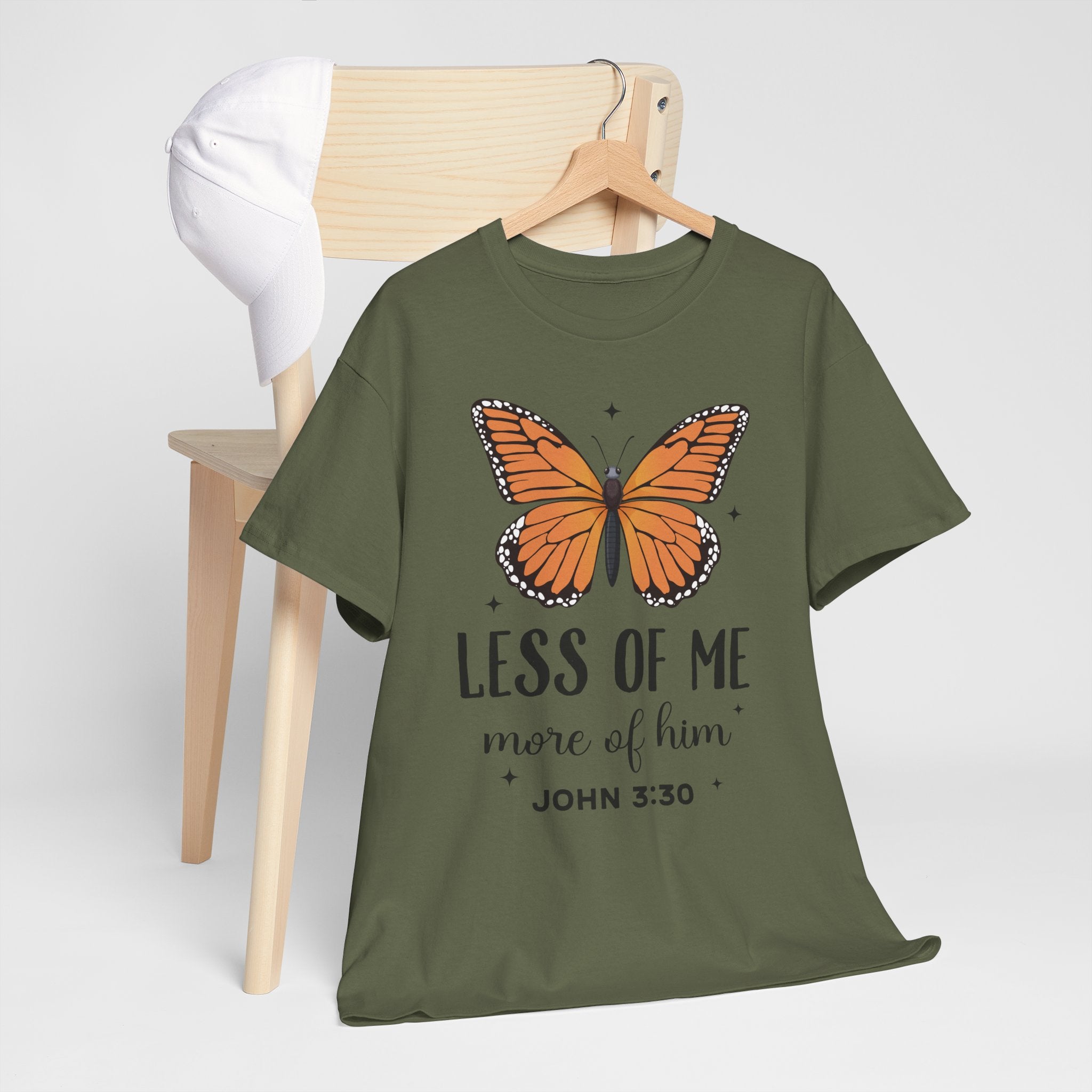 Monarch Butterfly Tee — "Less of Me, More of Him" Christian Unisex cotton T‑Shirt