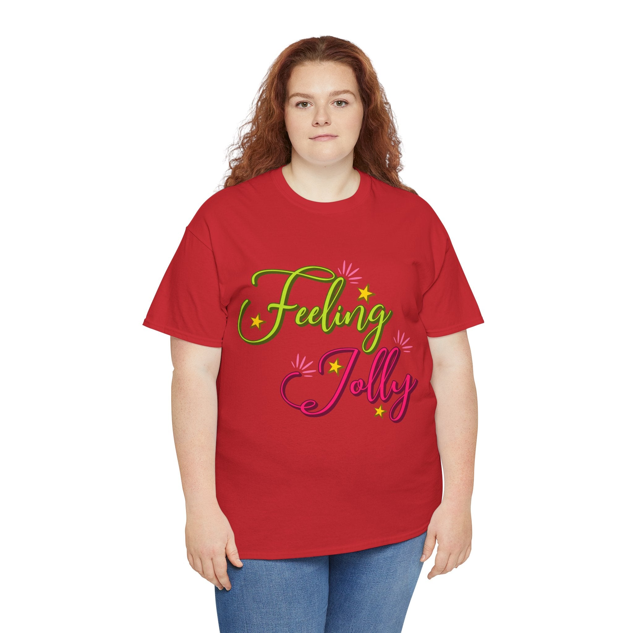 Feeling Jolly Tee — Festive Green & Pink Script with Yellow Stars Unisex Cotton Tee