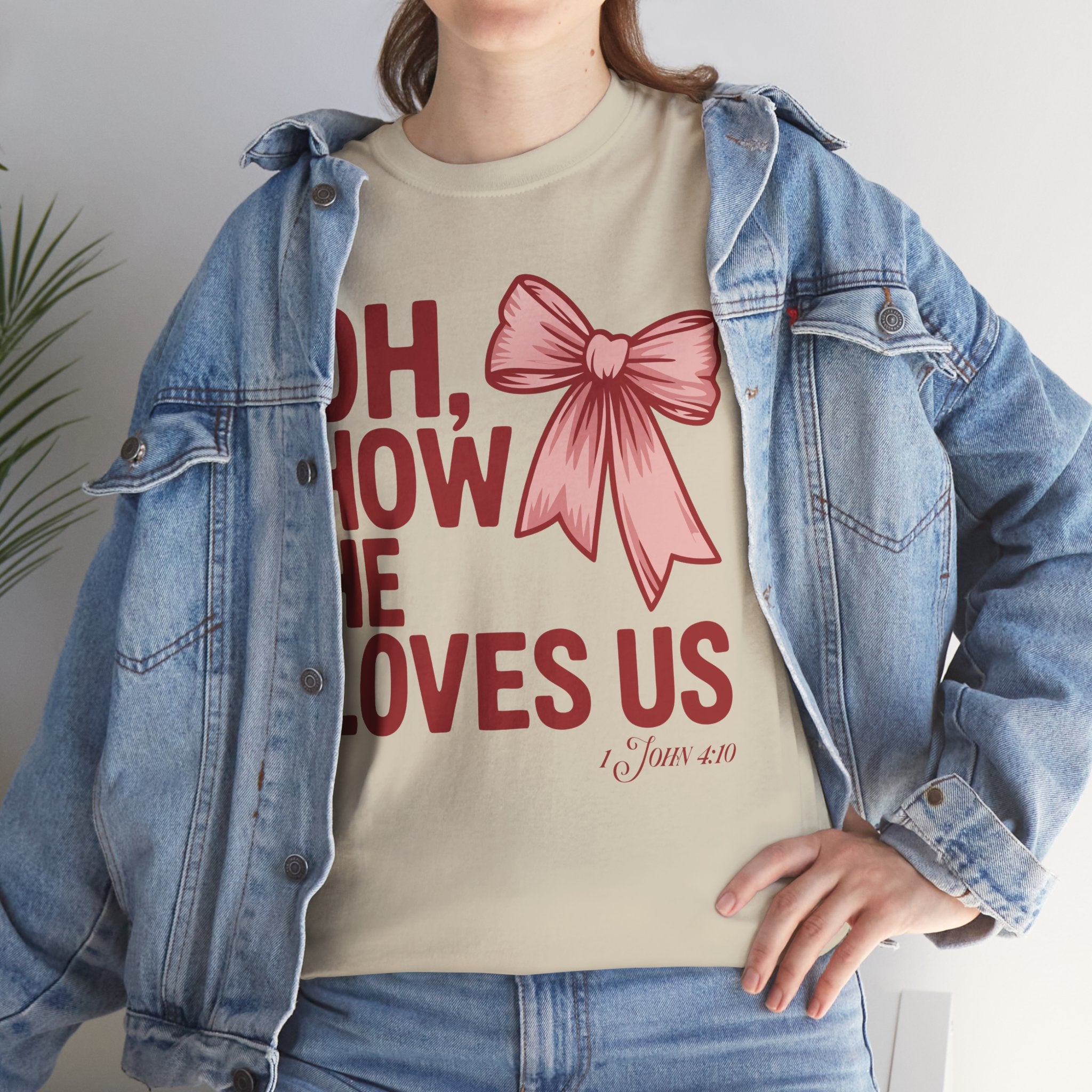 Oh, How He Loves Us Christian Valentine Tee — 1 John 4:10 Red & Pink Unisex Cotton Tee