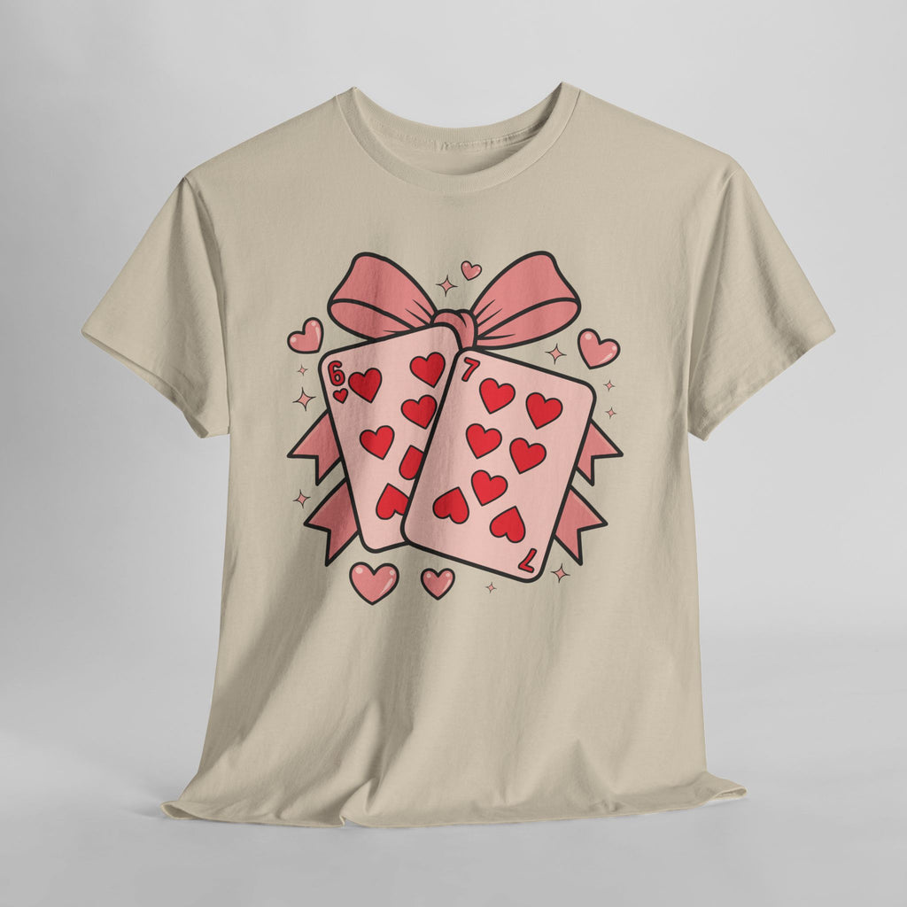 6 & 7 of Hearts T-Shirt — Paired Playing Cards with Pink Bow Unisex Cotton Tee