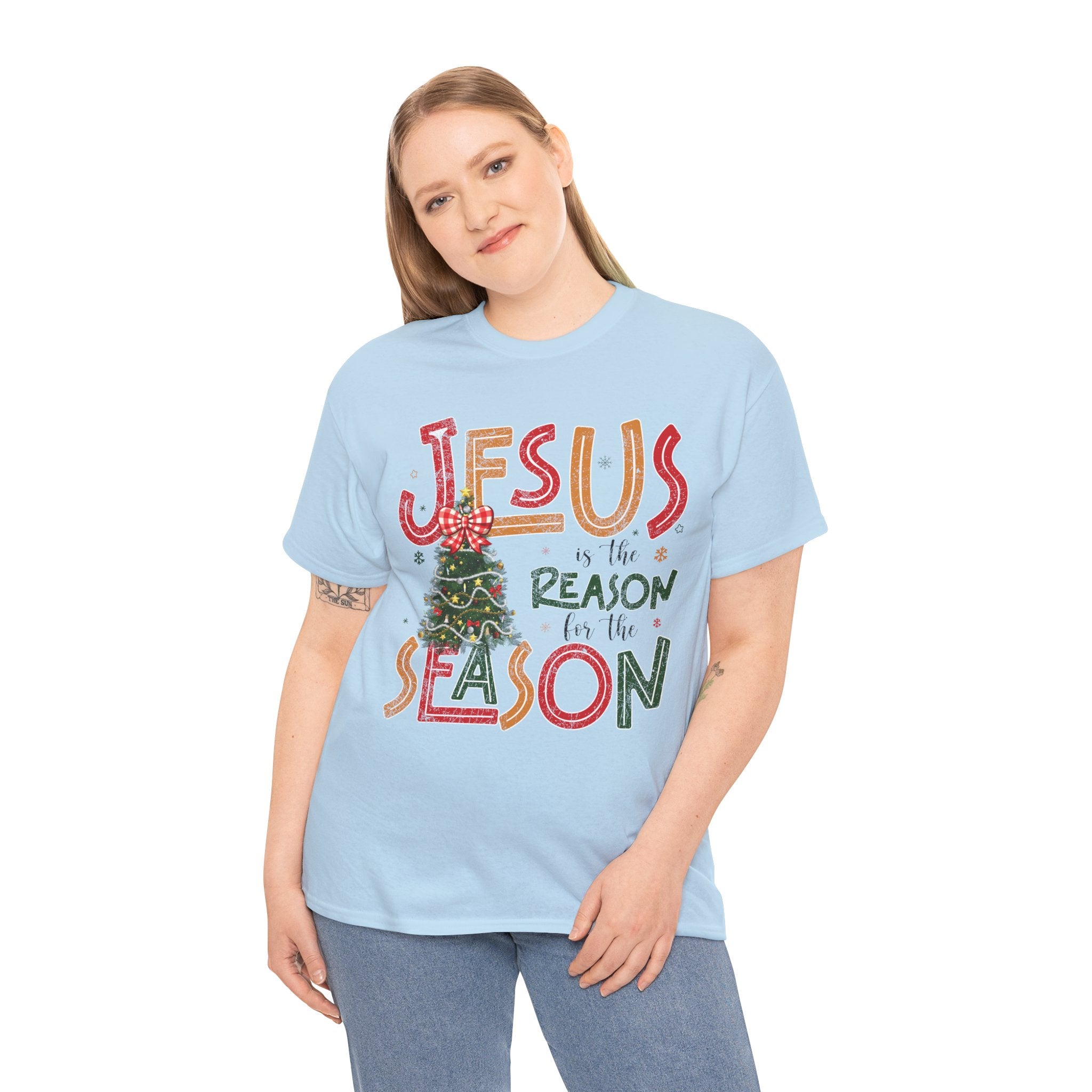 Jesus Is the Reason for the Season Christmas T-Shirt — Plaid Bow Tree..Unisex Cotton Tee