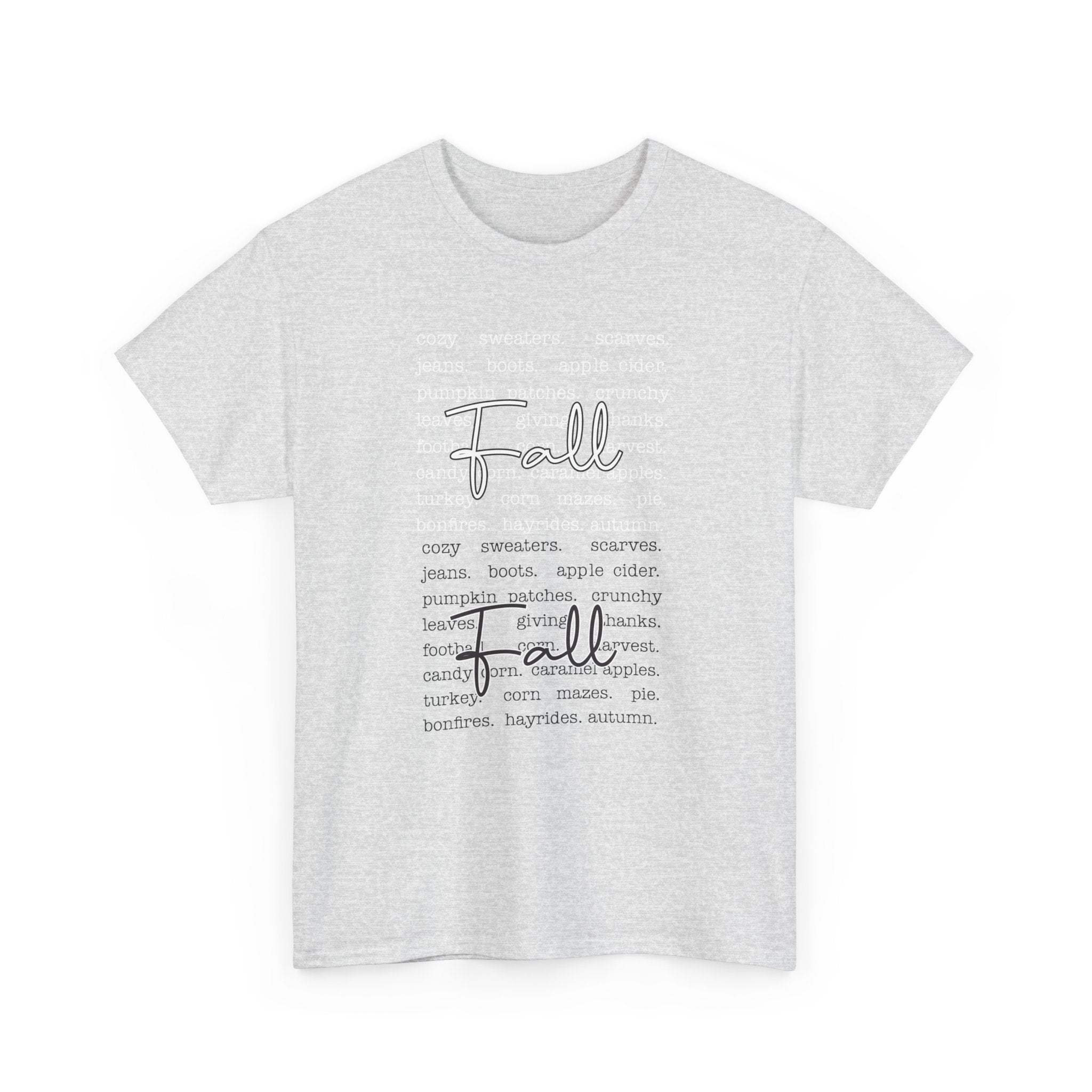 Fall Cursive Typography T-Shirt — Sweaters, Cider & Pumpkins. Unisex Cotton Tee