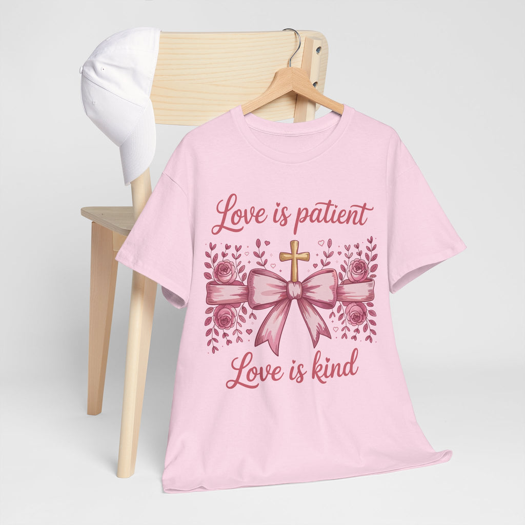 Christian Floral Tee — "Love is Patient, Love is Kind" Pink Rose Cross. Unisex Cotton Tee