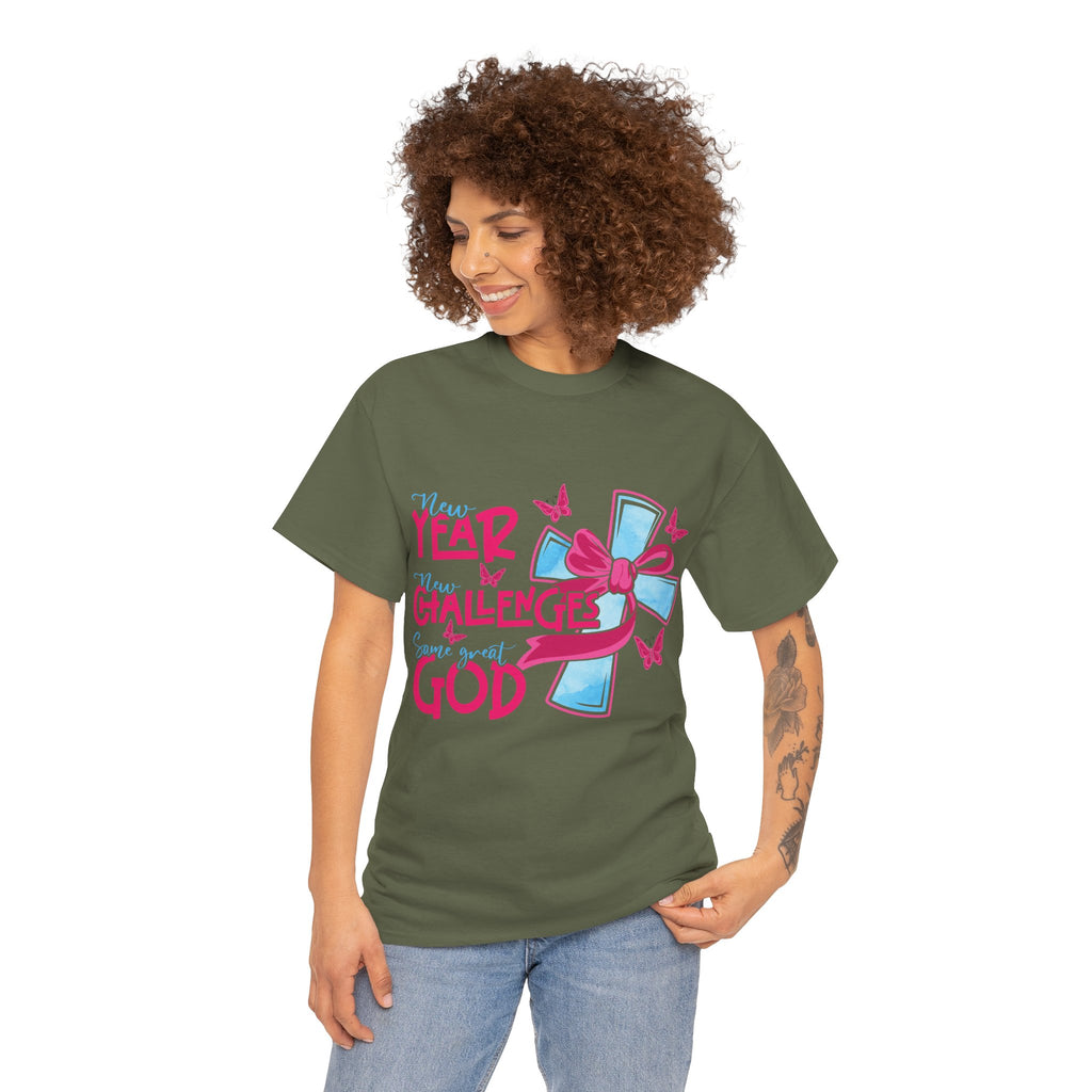 Christian T-Shirt — “New Year, New Challenges, Same Great God” with Pink Bow Cross & Butterflies. Unisex Cotton Tee