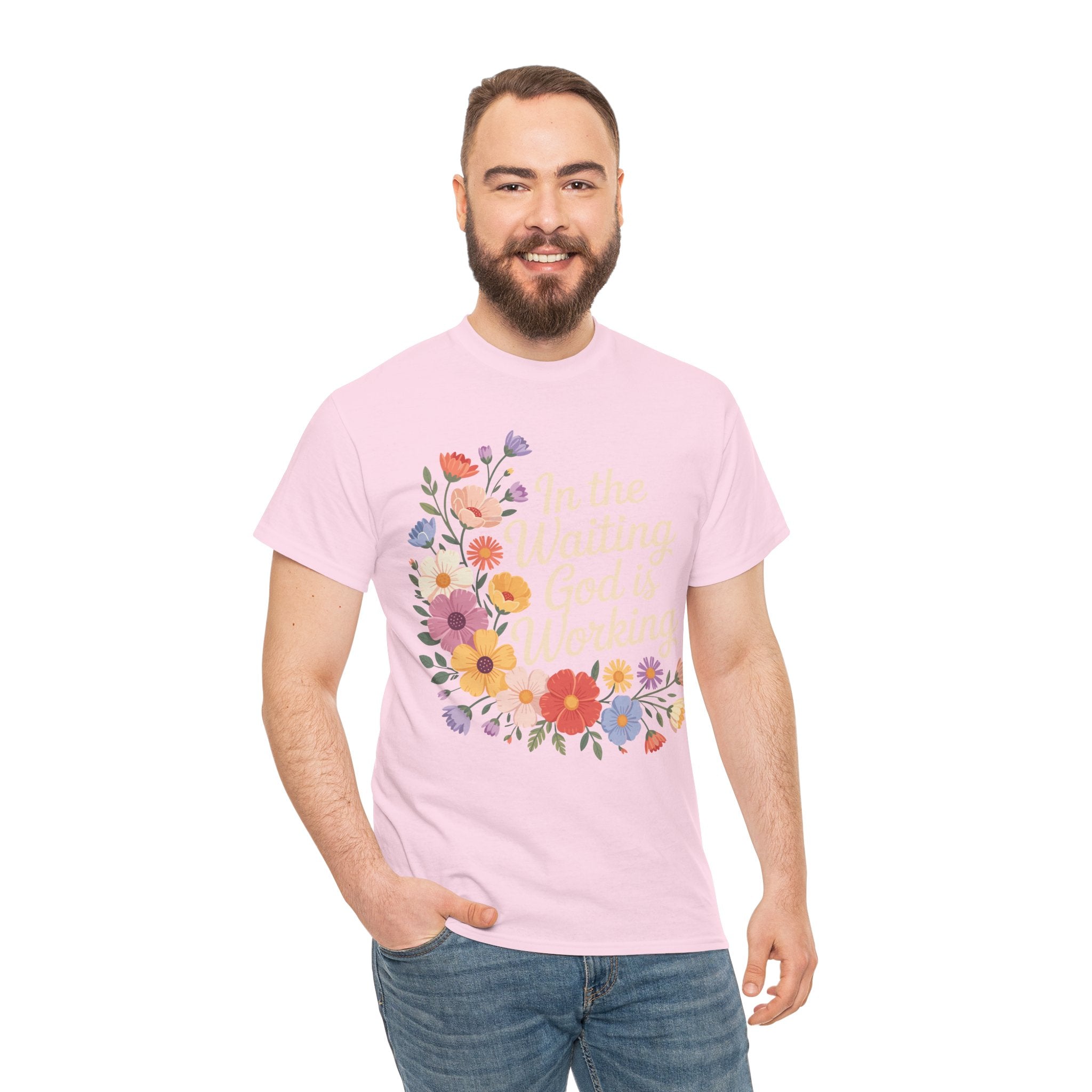 Pastel Floral “In the Waiting God Is Working” Unisex Cotton T-Shirt