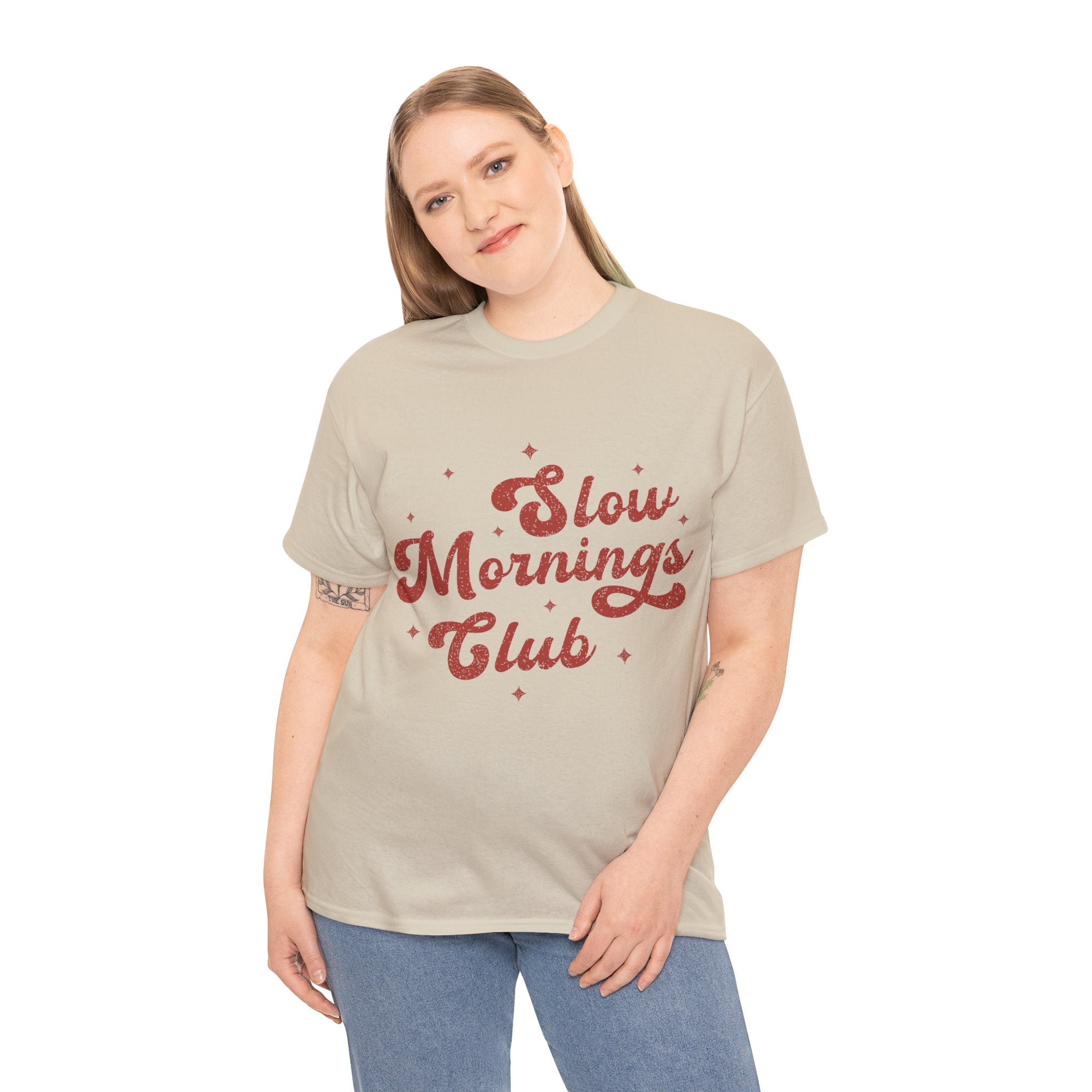 Slow Mornings Club T-Shirt — Retro Red Sparkle Unisex Cotton Tee