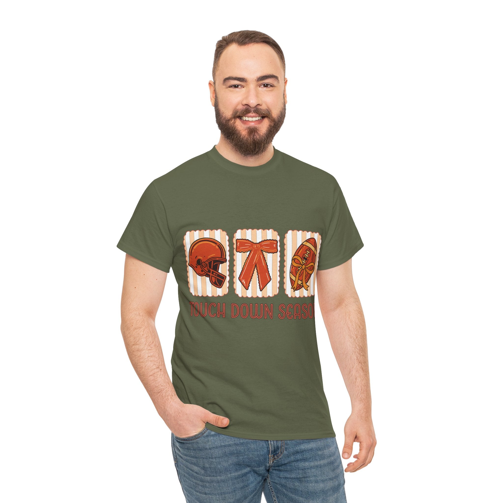 Touch Down Season Football Tee — Striped Fall Helmet & Bow Design Unisex Cotton Tee