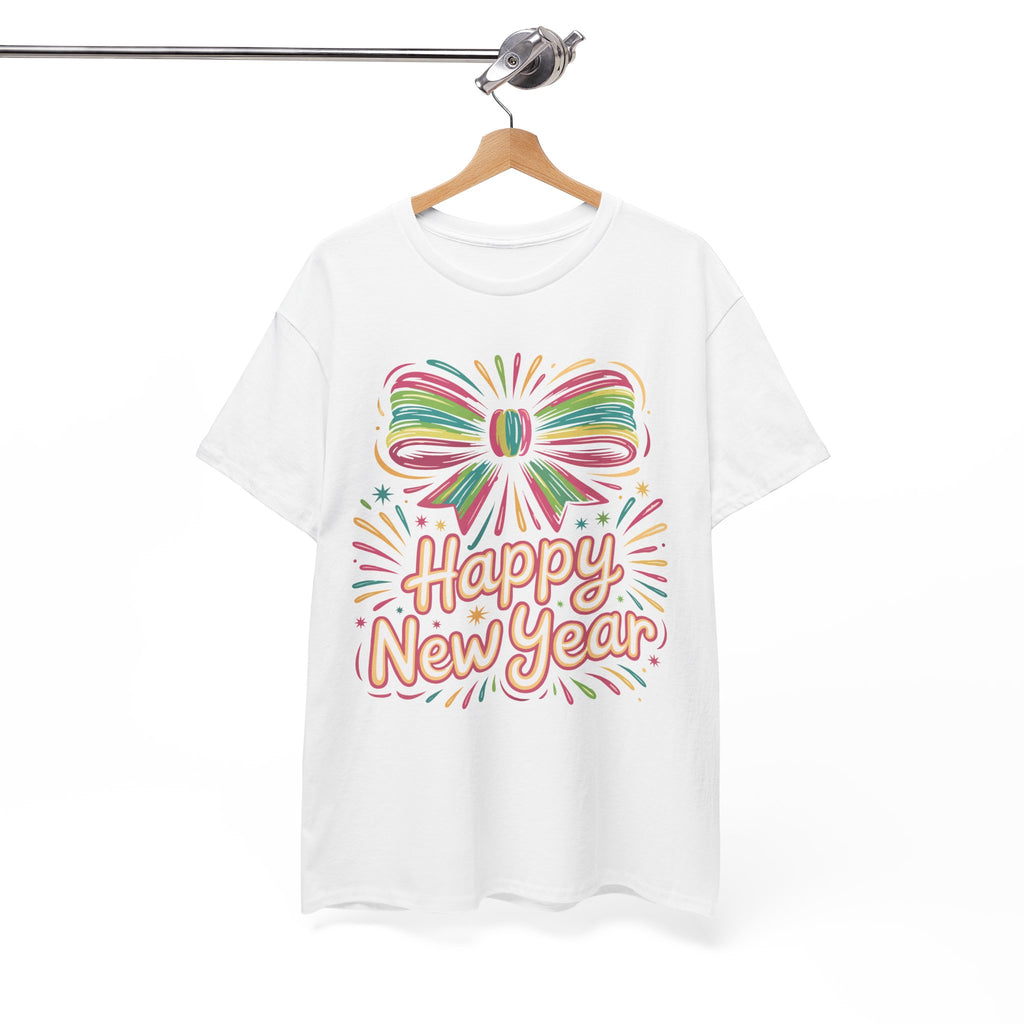Happy New Year Pastel Tee — Rainbow Bow & Fireworks Celebration Unisex Cotton Tshirt